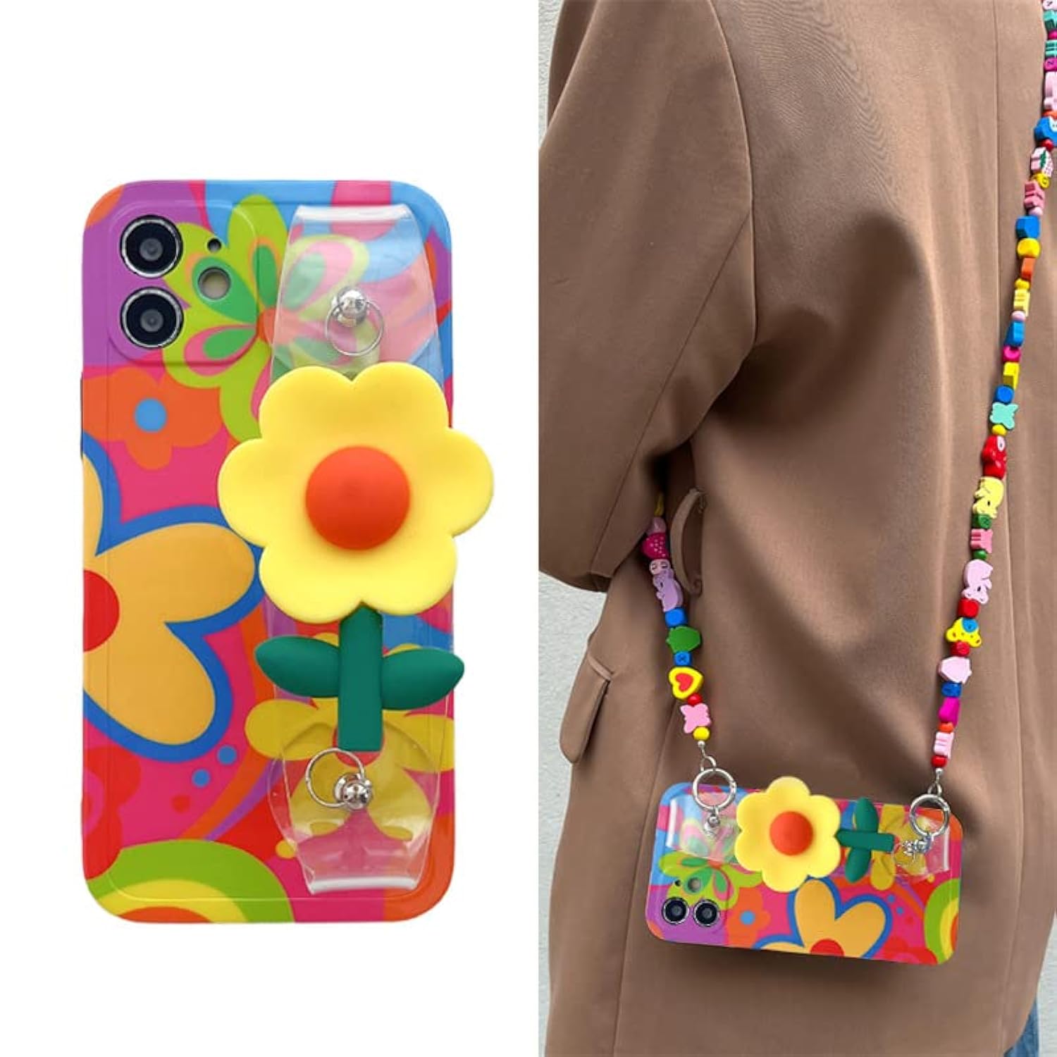 Lanyard Case Compatible With Iphone 15 Case,Crossbody Case With Strap And Wrist Band,Unique Cute Kawaii Colorful Painting Flowers Design For Girls And Women