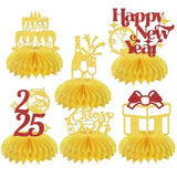 6pcs 2025 Happy New Year Centerpiece Honeycomb Gold Red Glitter