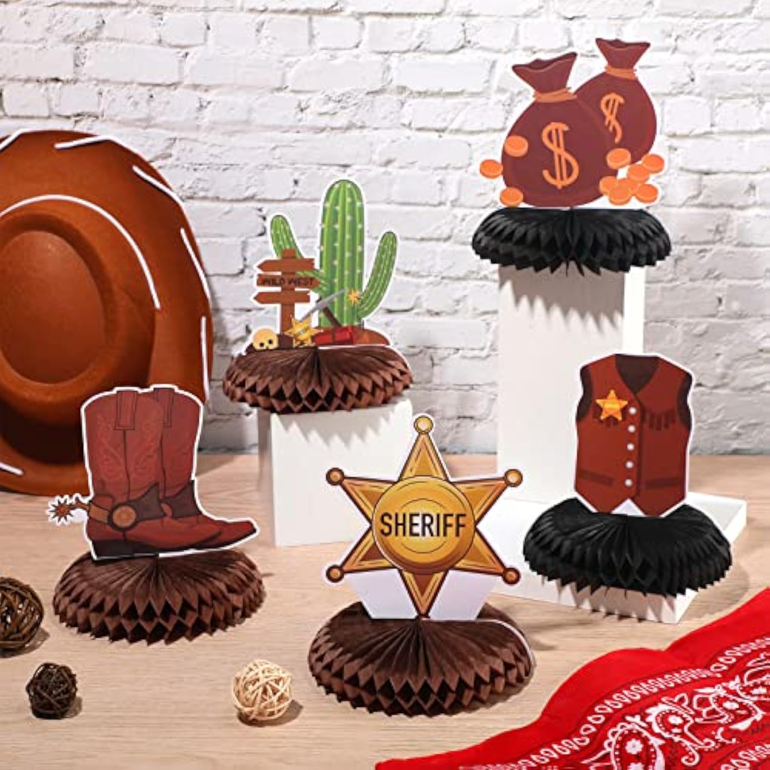 12 Pieces Cowboy Party Decorations Cowboy Honeycomb Centerpieces Weste
