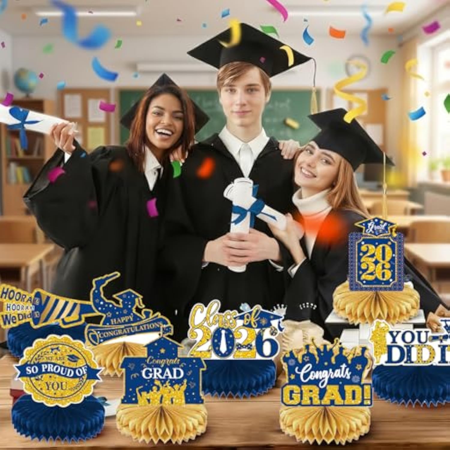 2026 Graduation Party Decorations - 8 Pcs Blue Gold Class Of 2026 Graduation Party Table Decor Honeycomb Centerpieces For Tables Congratulate For 2026 Congrats Grad Party Supplies