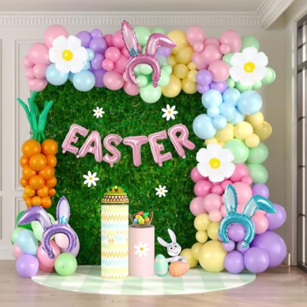 Pastel Easter Balloon Garland Kit Arch 138Pcs With Easter Egg Chicken Daisy Bunny Head Hoop Pink Letter Foil Balloons For Spring Big Resurrection Day He Is Risen Birthday Baby Shower Party Decorations