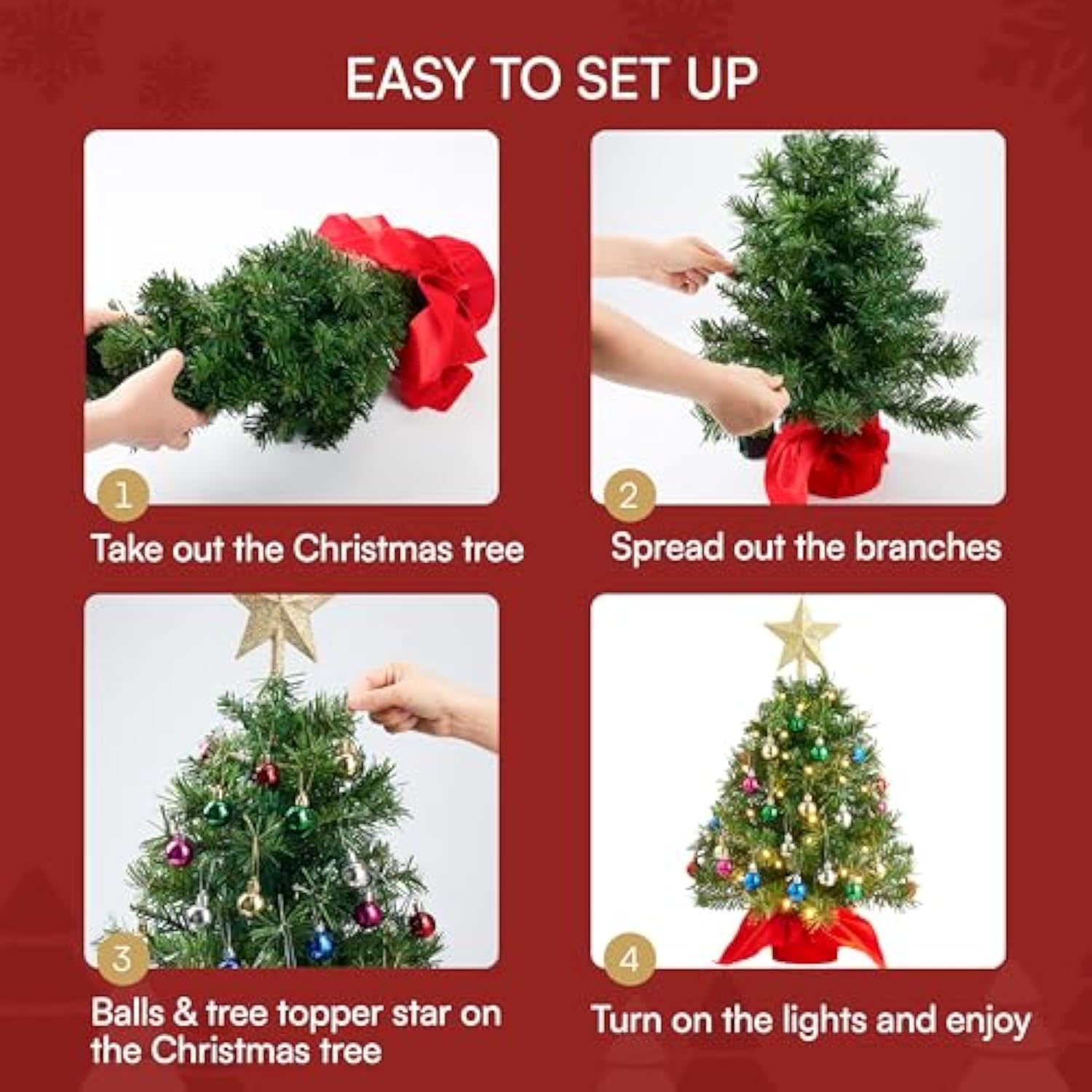 24"/2Ft Mini Christmas Tree Tabletop Set With Clear Led Lights, Artificial Mini Christmas Tree With Star Treetop And Hanging Ornaments, Best Diy Xmas Decorations