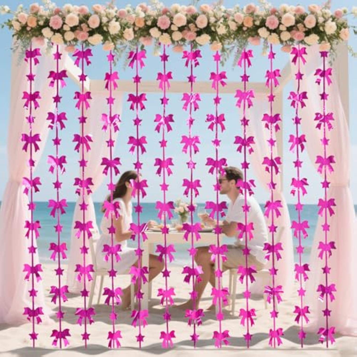 Hot Pink Bow Party Decor 2-Pack Foil Fringe Curtains Photo Booth Backdrop