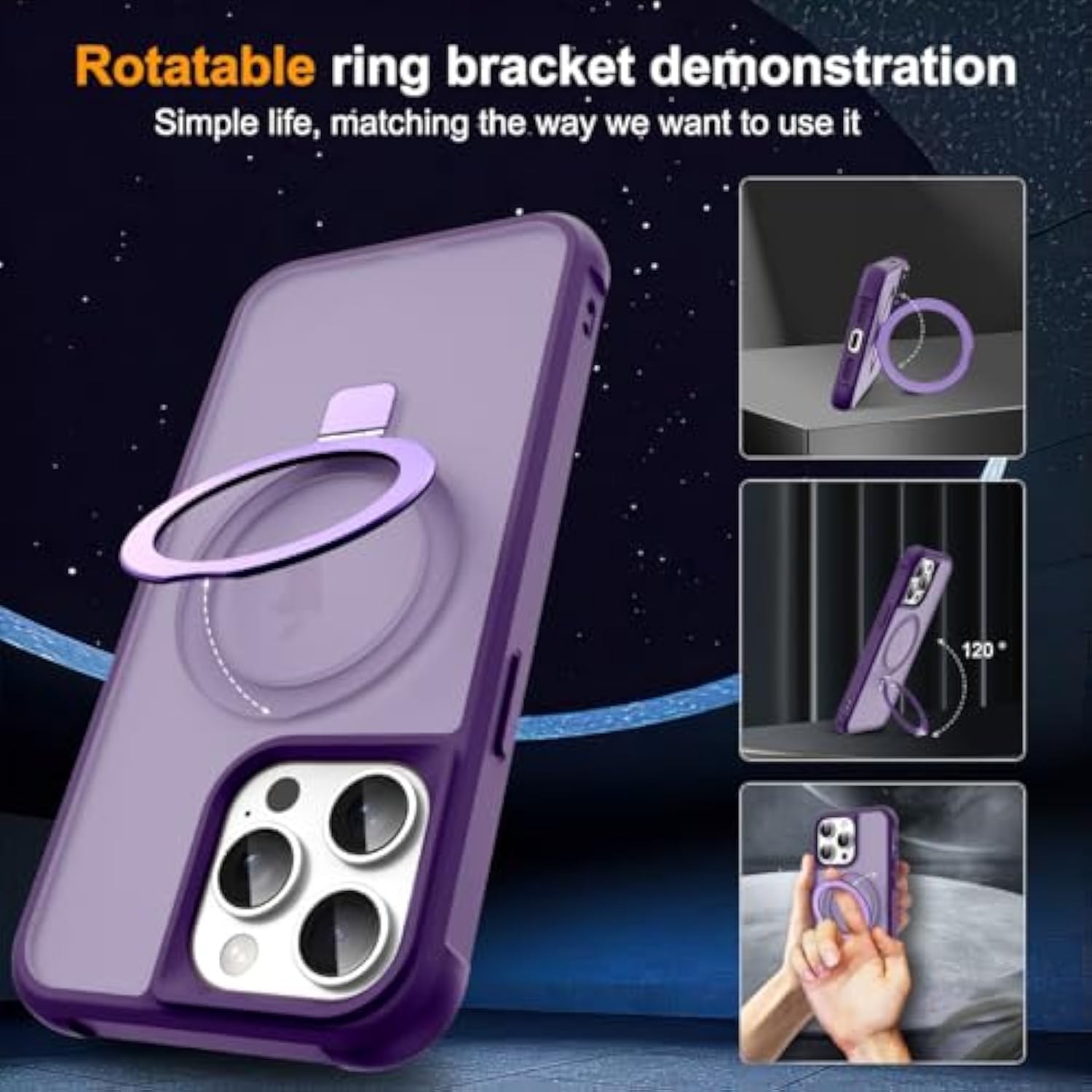 Compatible With Iphone 12 Pro Max Case & Iphone 13 Pro Max Case With Invisible Magnetic O-Ring Stand Translucent Phone Cases 6.7" [Compatible With Mag-Safe][Great Grip Feeling], Purple