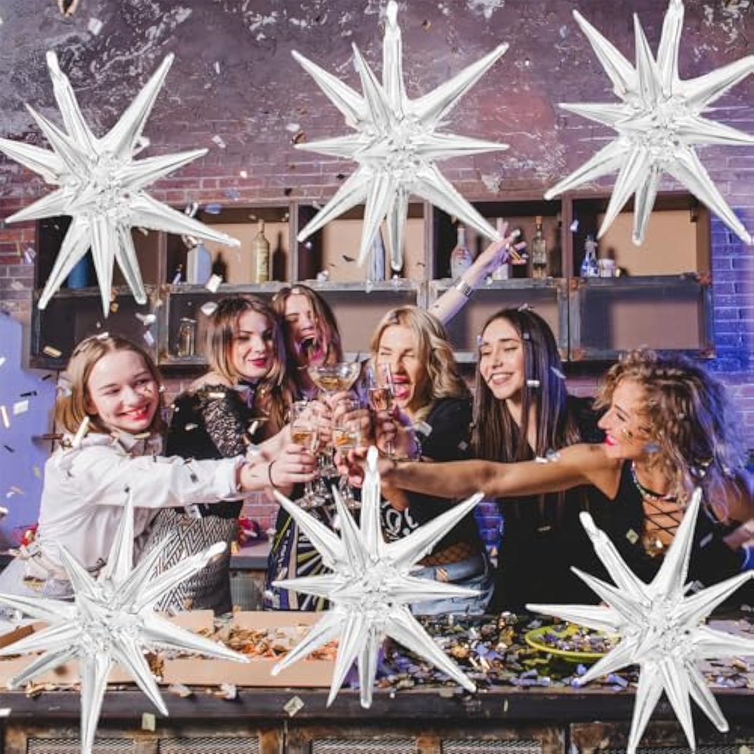 6pcs 27 Inch Silver Explosion Balloons 14-Pointed Star Foil for Party Decor