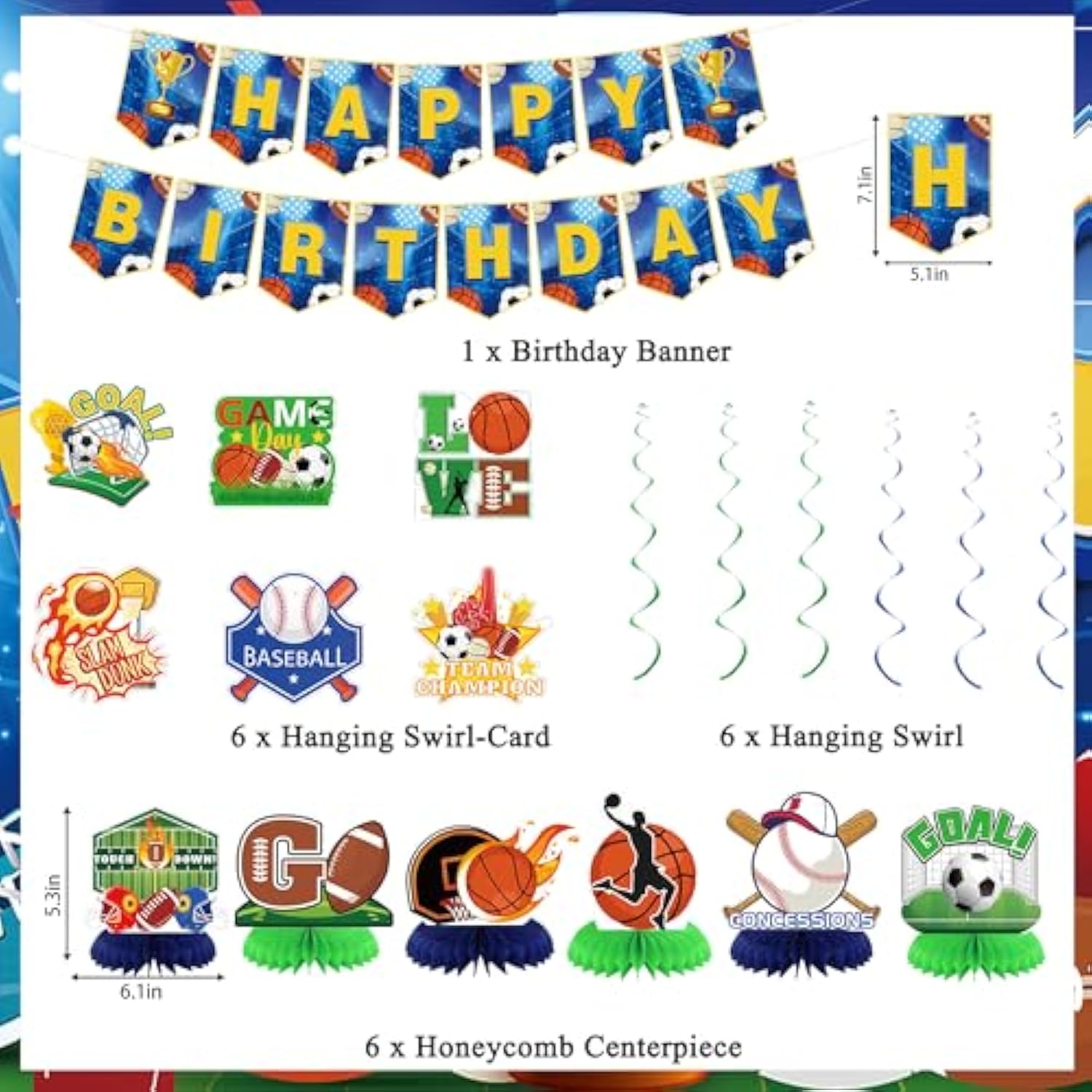 Sports Birthday Party Decorations, 40Pcs Sports Theme Backdrop Banner And Balloons Kit, Basketball Football Baseball Soccer Honeycomb Cake Topper For Birthday Party For Boys And Girls