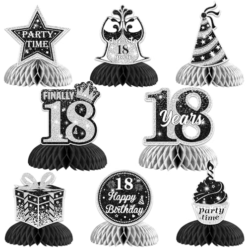 8PCS 18th Birthday Honeycomb Centerpieces, Black and Silver 18th Birthday Table Decorations Double-Sided Printing Happy Birthday Table Toppers for Boys Girls 18 Years Old Birthday Party