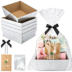 5 Set Leather Empty Gift Basket With Gift Bags Bow Ribbons Greeting Cards 9.8X8.3X3.5'' Empty Basket For Wedding Gifts Career Advancement Birthday Snack Storage Favor(Silver)
