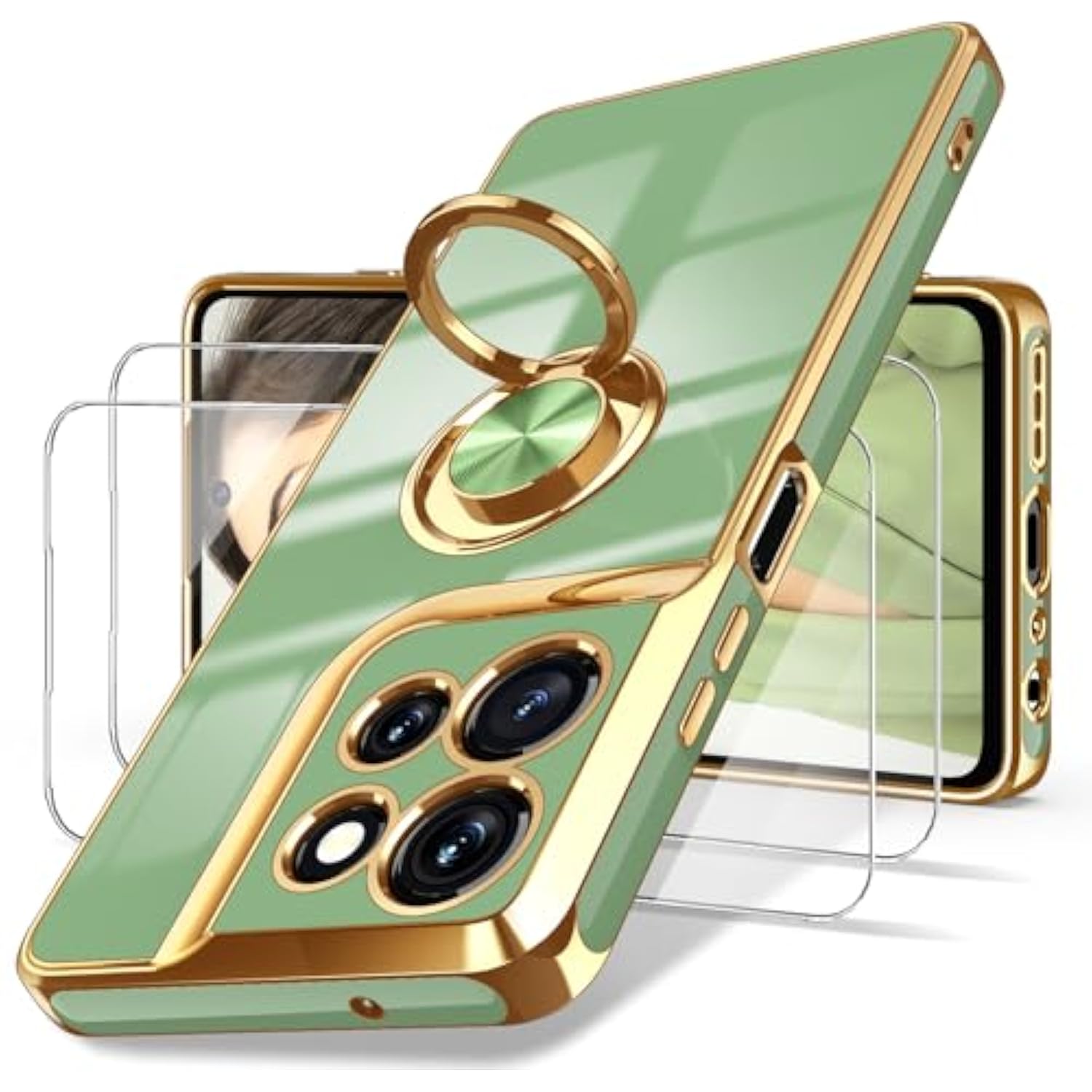 For Motorola G 5G 2025 Case, Moto G 5G 2025 Case,2X Screen Protector, 360° Rotatable Ring Holder Magnetic Kickstand,Plated Gold Edge Slim Soft Tpu Protective Cover (Light Green)