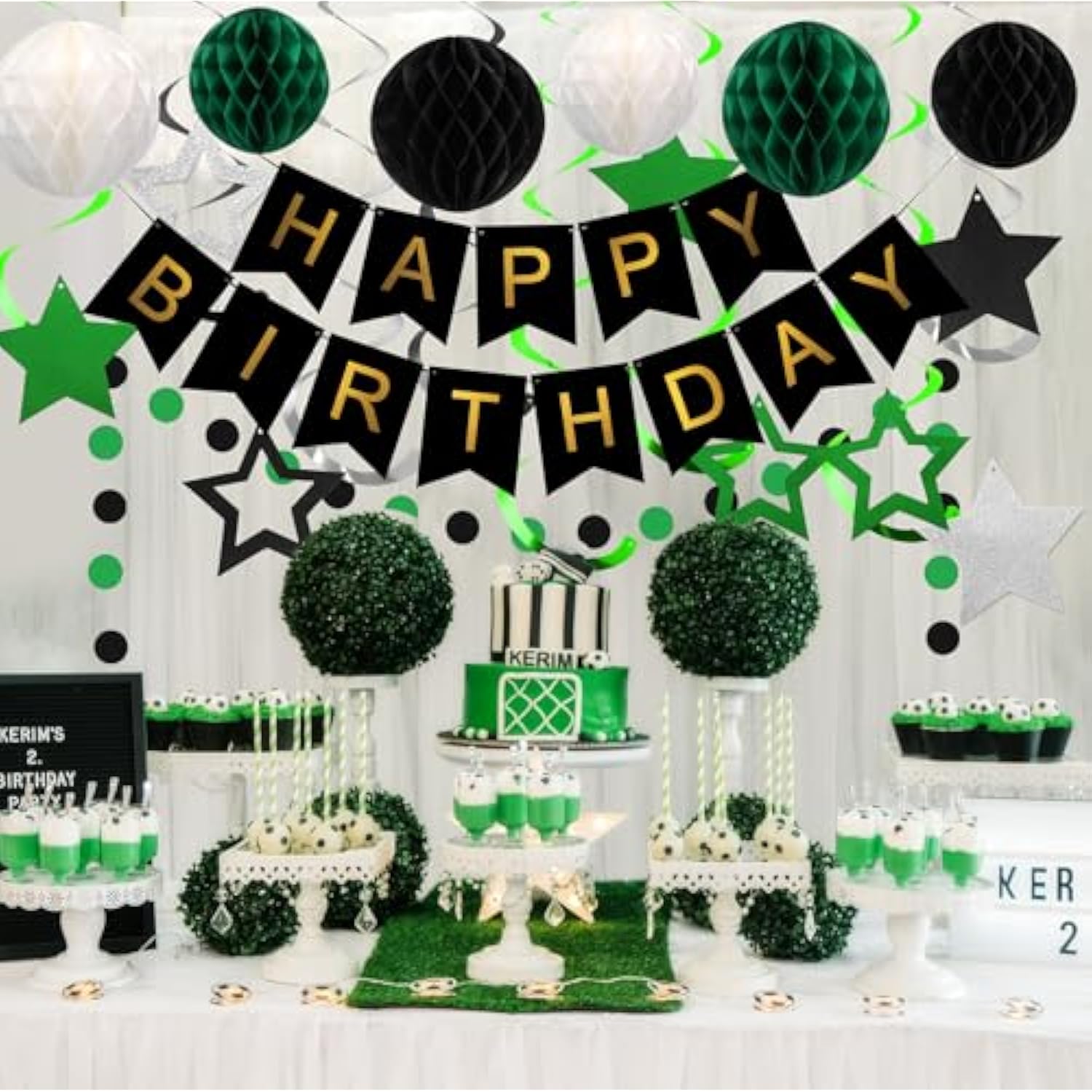 Birthday Decorations, Happy Birthday Banner With Honeycomb Balls, Star Hanging Swirl Streamer, Circle Dot Garland, Happy Birthday Party Decorations For Women Men Boys Girls (Green & Black)
