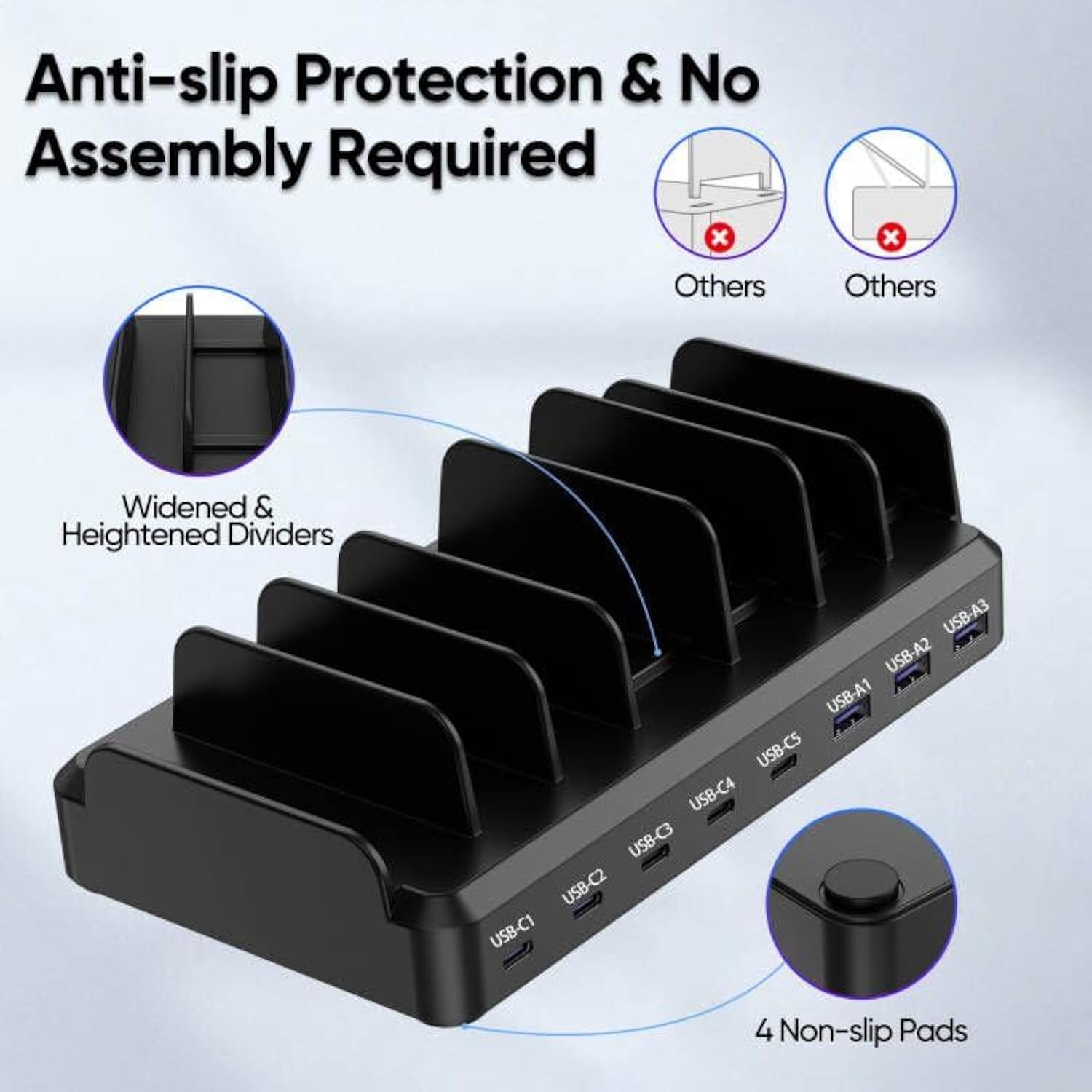 280W Usb C Charging Station For Multiple Devices, 8 Port Multi Device Fast Charging Station For Macbook Iphone 15 Phone Ipad Tablets Black (6 Mixed Short Cables Included)