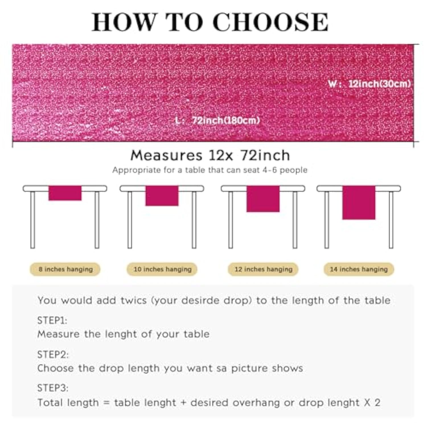6 Packs 12 X 72 Inches Sequin Table Runner, Hot Pink Glitter Table Runner For Birthday Party Supplies Wedding Engagement Baby Shower Holiday Celebration Event Decorations