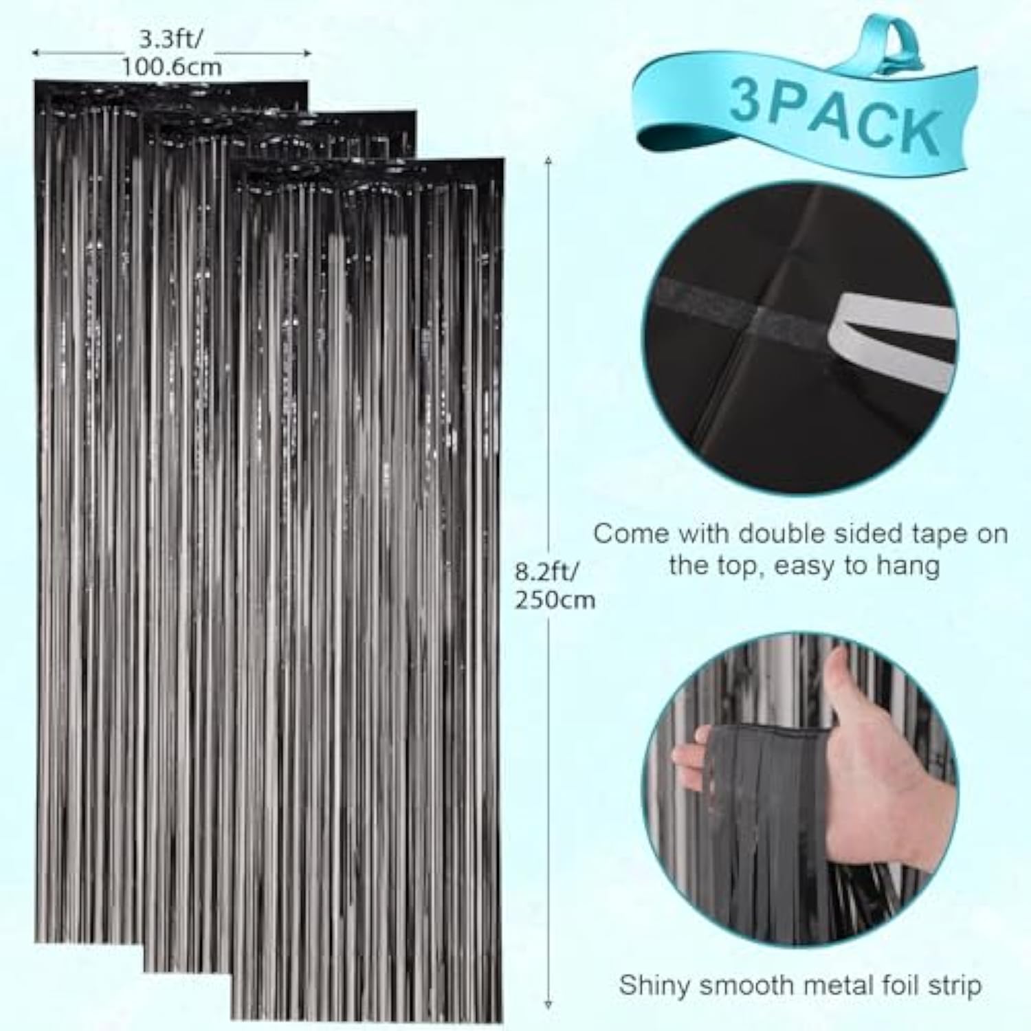 3 Pack Black Foil Fringe Curtains 3.3x8.2ft Backdrop for Halloween Party Decor
