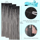 3 Pack Black Foil Fringe Curtains 3.3x8.2ft Backdrop for Halloween Party Decor