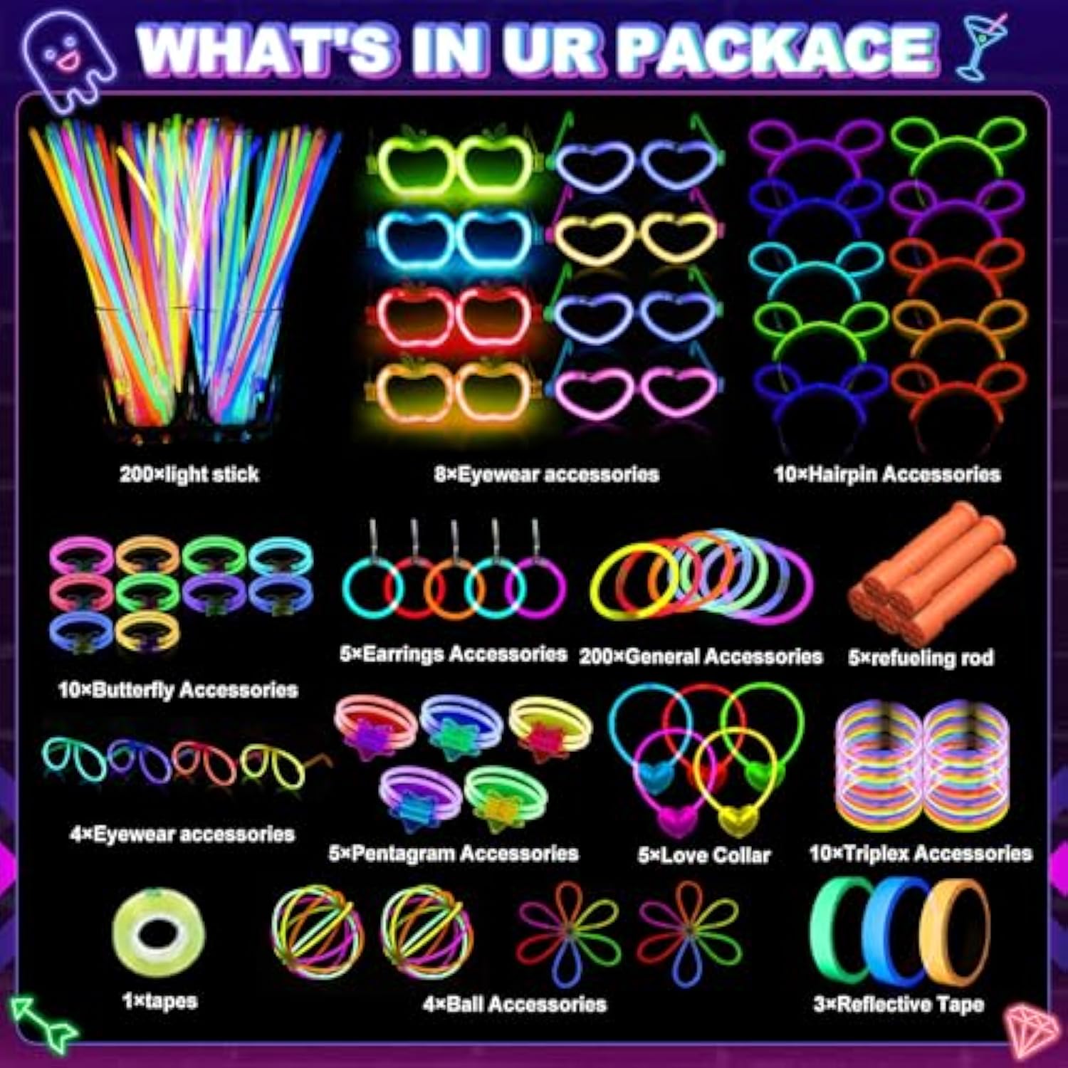 470Psc Glow In The Dark Party Supplies For Kids Adults Birthdays,Light Up Party Favors With?200 Glow Sticks Bulk?Diy Glow Necklaces Glasses Bracelets Headband, Christmas Neon Party Supplies