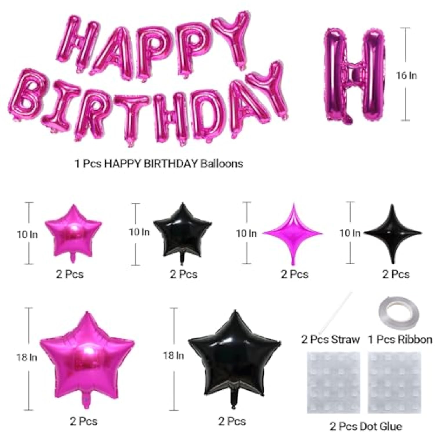Hot Pink And Black Happy Birthday Balloons Kit With 16 Inch Mylar Foil Letters Balloon And Star Balloons For Birthday Party Decorations Photo Booth Backdrop