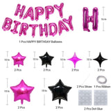 Hot Pink And Black Happy Birthday Balloons Kit With 16 Inch Mylar Foil Letters Balloon And Star Balloons For Birthday Party Decorations Photo Booth Backdrop