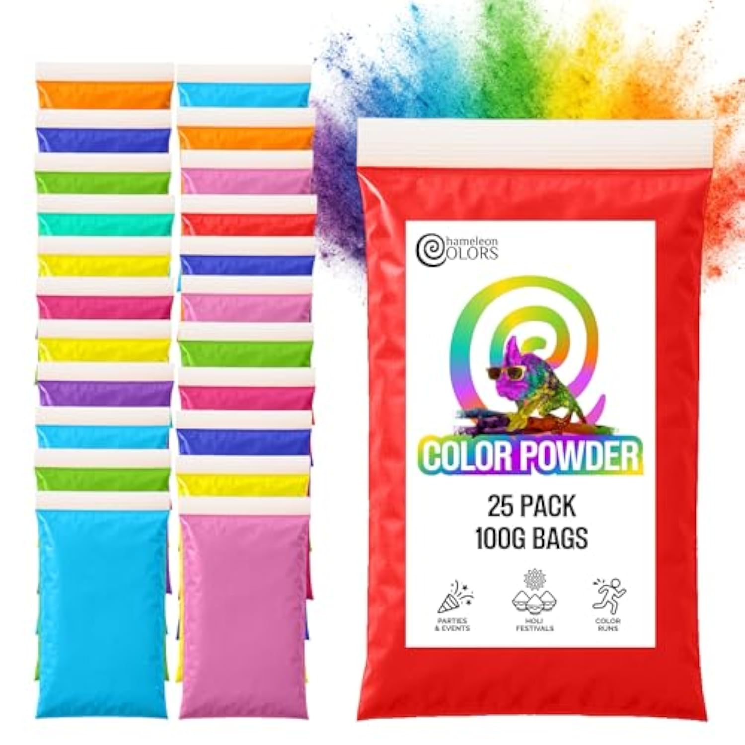 100G Color Powder Packs - 25 Pack - 10 Vibrant Colors In Clear Bags - Non-Toxic & Gluten-Free - Great For Holi, Color Wars, Fun Run, Gender Reveal & Summer Camp