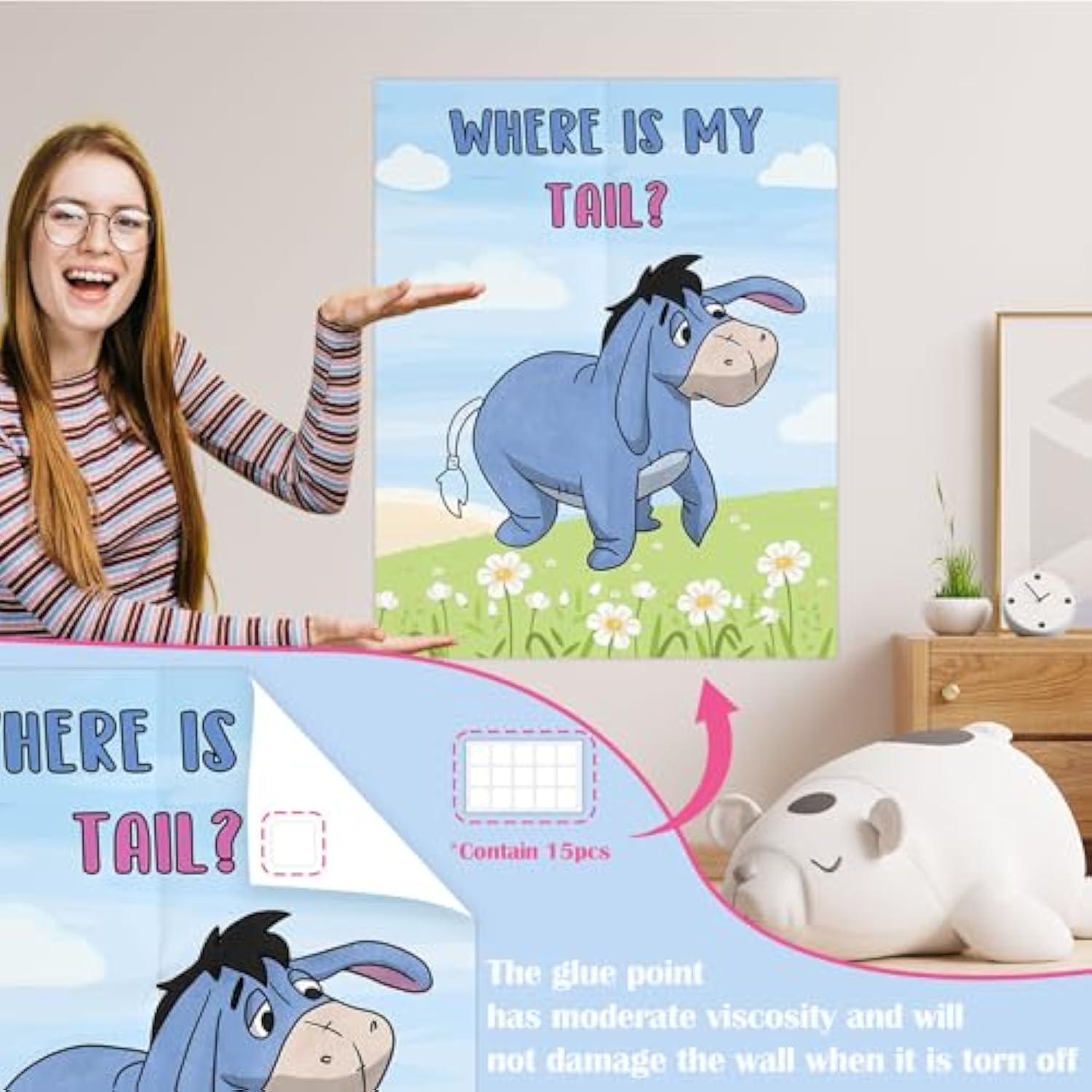 Winnie Party Games Pin The Tail Game, Birthday Party Games Set, Pin The Tail On The Donkey Poster With 20Pcs Tail Stickers, Baby Shower Games Pooh Birthday Supplies Party Decorations