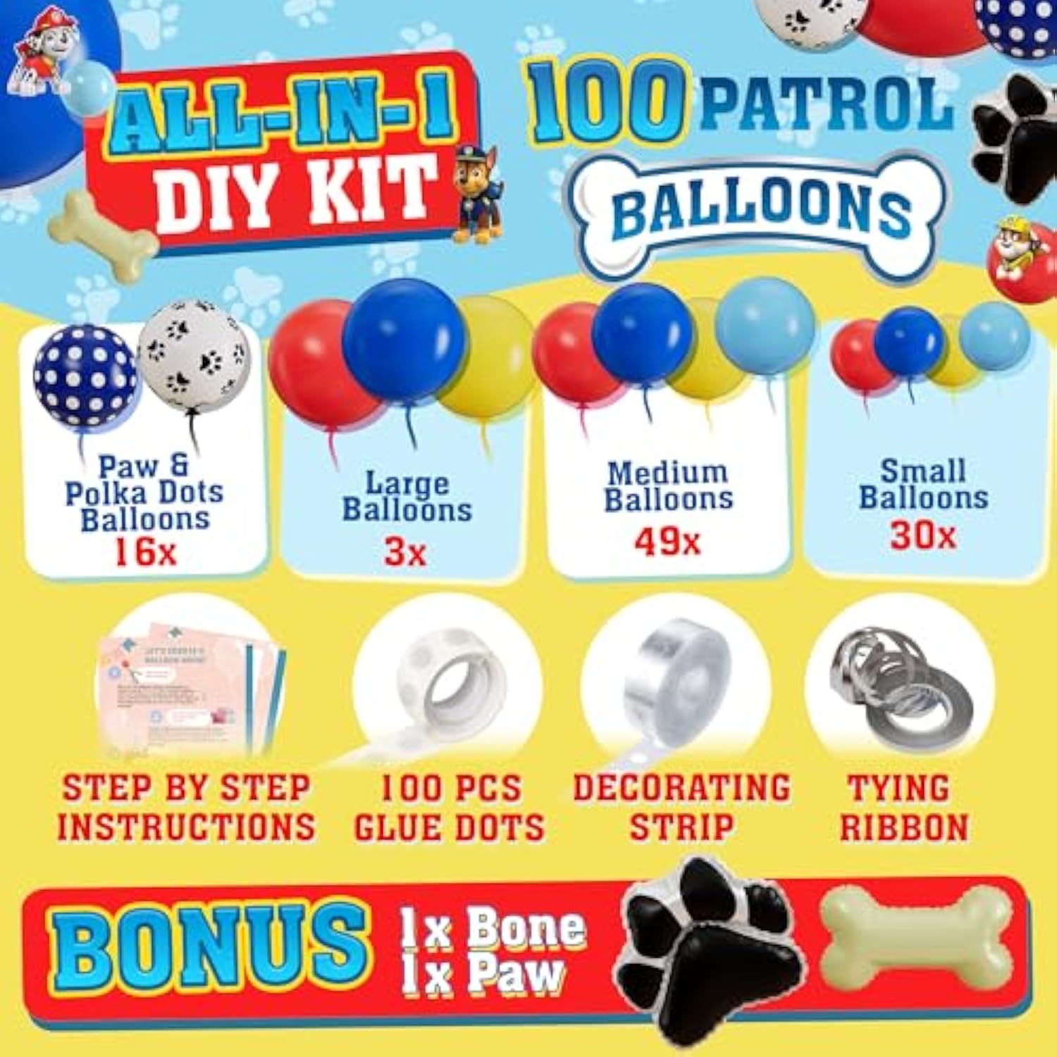 All-In-1 Paw Balloons Garland Arch Kit With Bonus Dog Bone & Paw Print Balloons For Paw Birthday Decorations – Paw Balloons Backdrop, Paw Party Supplies For 3Rd Yo Boy