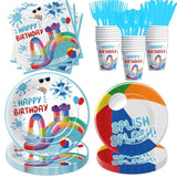 Water slide birthday party set with plates, cups, napkins, and cutlery for 24 guests