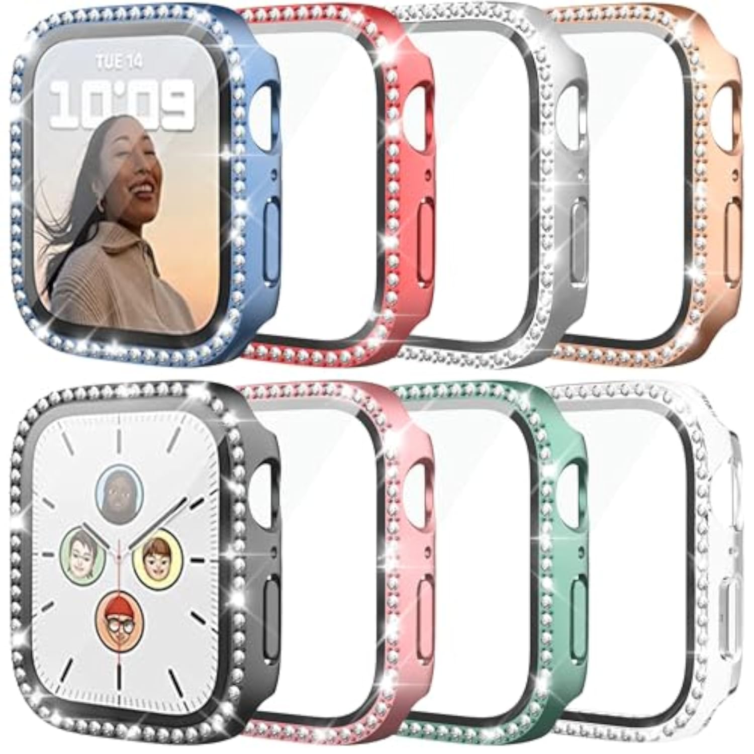 Bling Case for Apple Watch Series 7/8/9 45mm with Tempered Glass Screen Protector and Premium Glitter Diamond Hard PC Protective Glossy Bumper Cover for Women and Girls