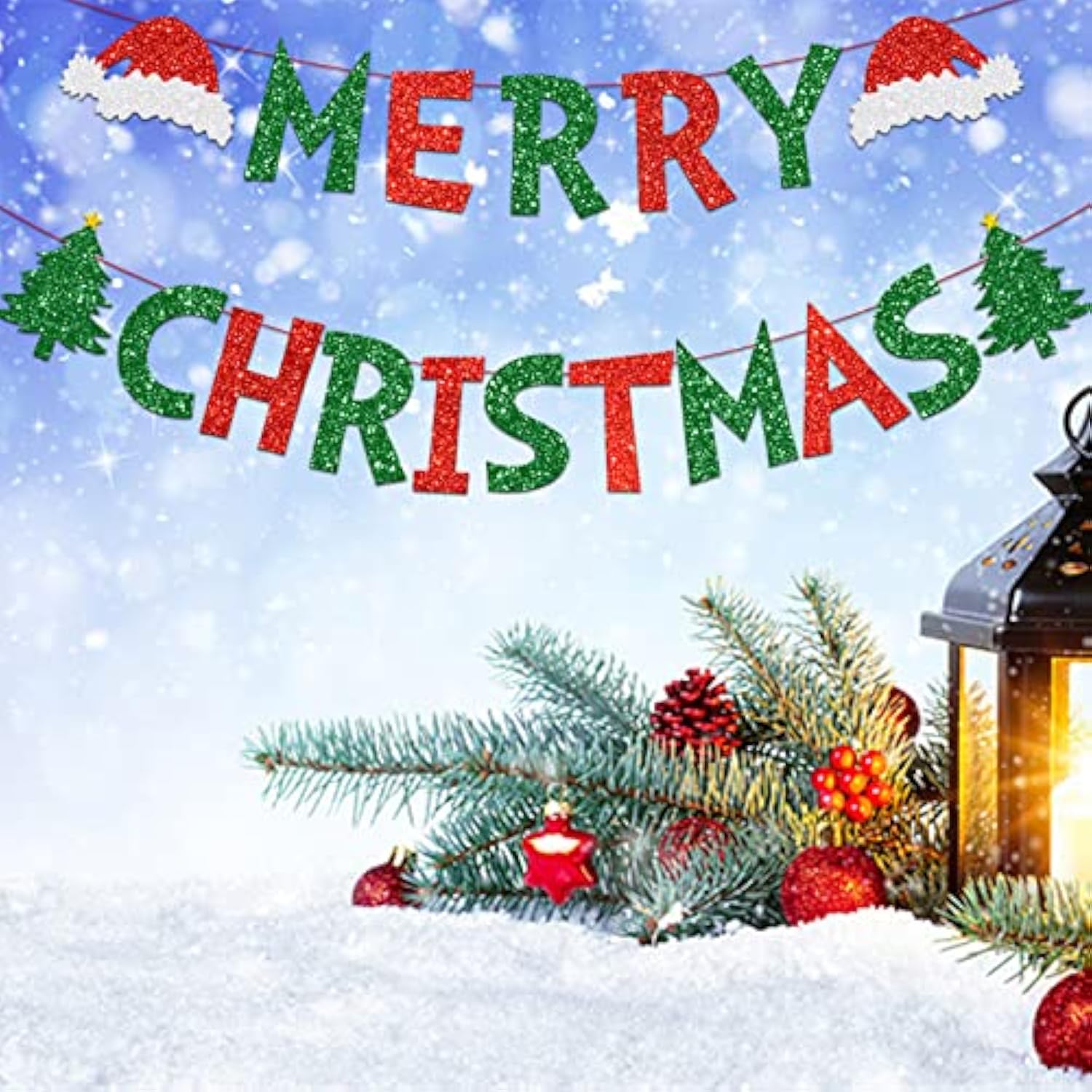 Merry Christmas Banner, Glittery Christmas Decorations Banners Winter Holiday Garland Photo Props Banner For Party Home Decorations
