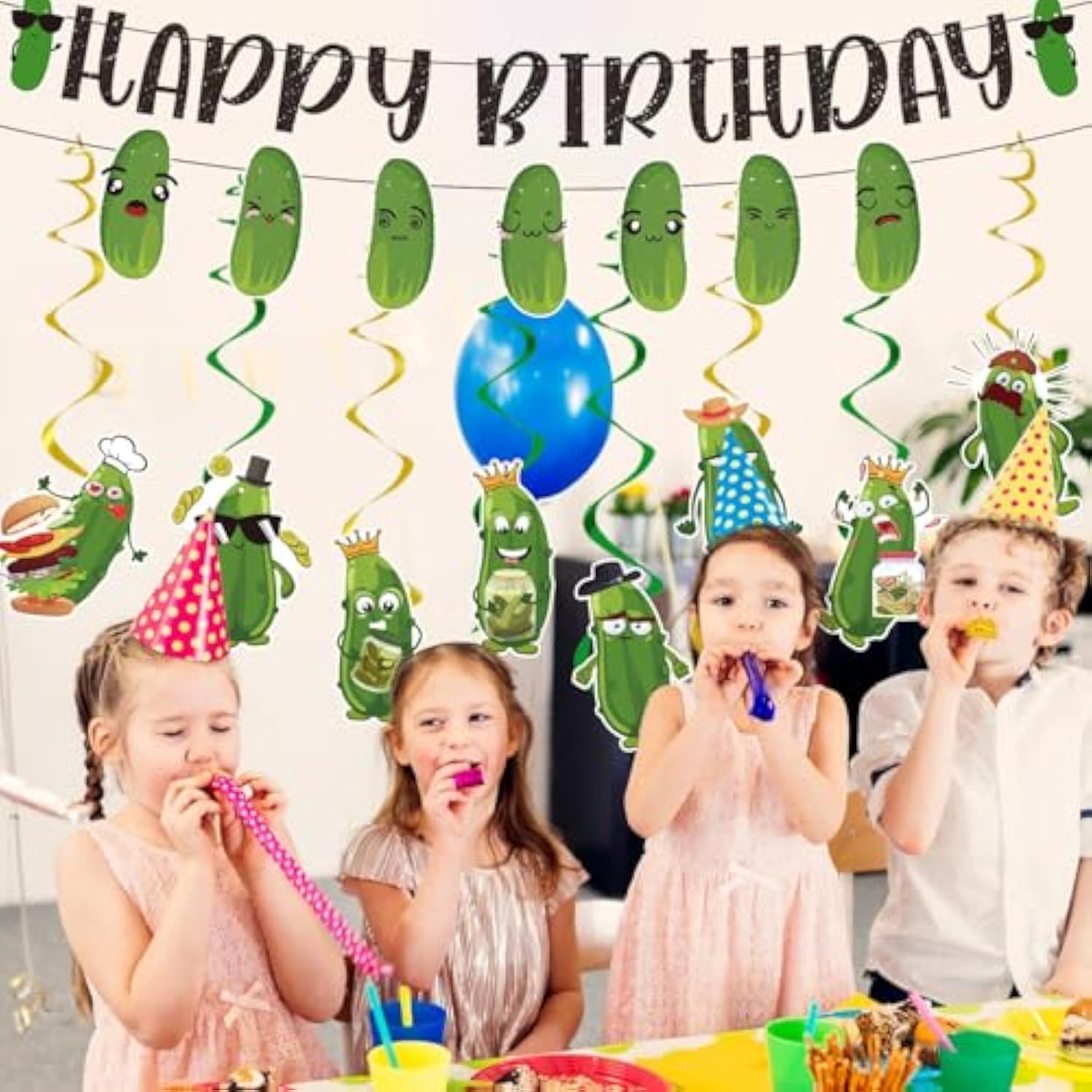 Pickle Birthday Party Decorations - 10Pcs Funny Happy Birthday Banner, Hanging Swirls, Cartoon Cucumber Dill Decor - Fruit Vegetable Theme Party Supplies