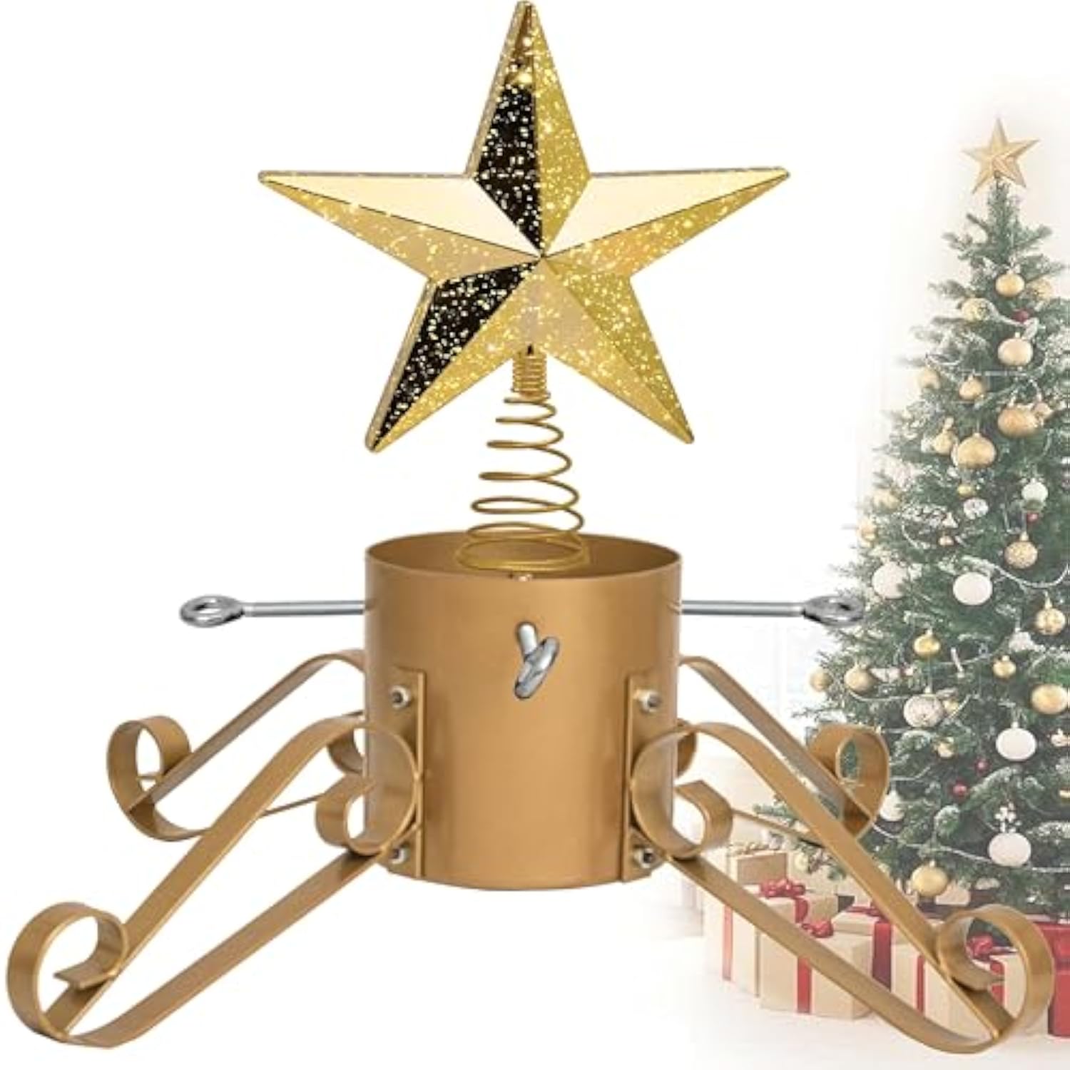 10Ft Christmas Tree Stand For Real & Artificial Trees, 24" Base Holds Up To 10 Ft Live Trees & 3D Tree Topper With Timer, 20 Clear Lights & 8 Light Modes (Gold)