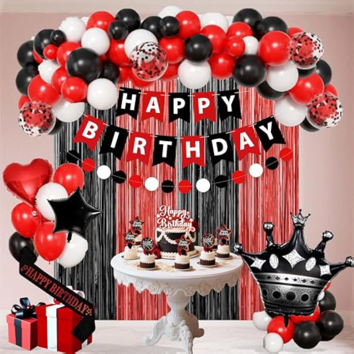 Red And Black Birthday Decorations For Women,Fringe Curtains Happy Birthday Banner,Red Balloons,Cake Toppers For Girls