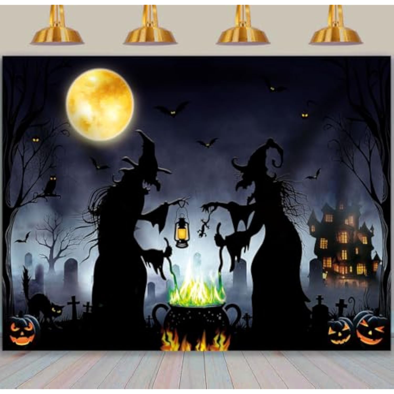 Halloween Witch Backdrop 7x5FT Full Moon Castle Pumpkins Graveyard Party Decor