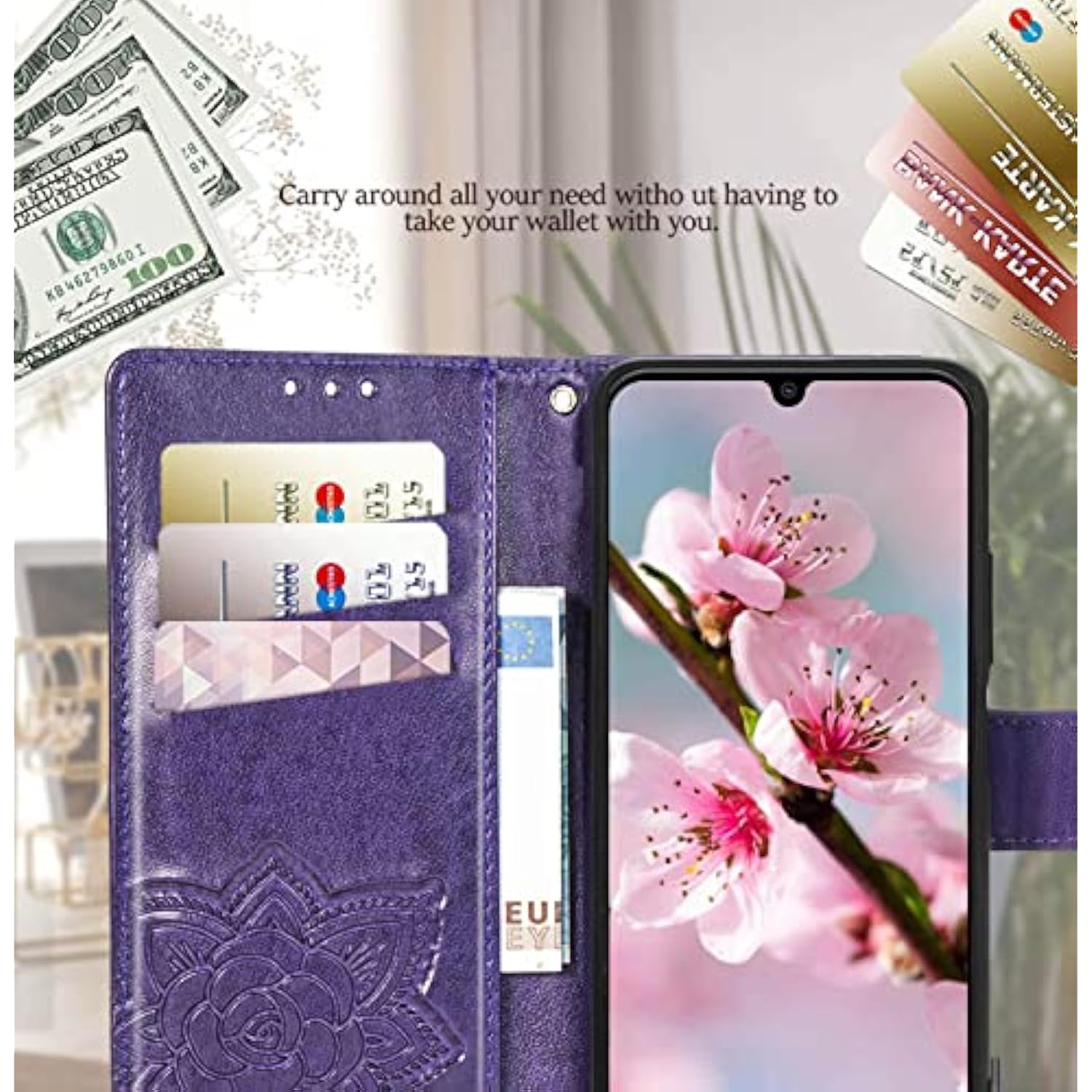 For Galaxy A14 5G Phone Case Wallet,Women Flip Folio Butterfly Embossed Pu Leather With Credit Card Holders Kickstand Wrist Strap Purse Cover For Samsung A14 5G 6.6 Inch (Purple)