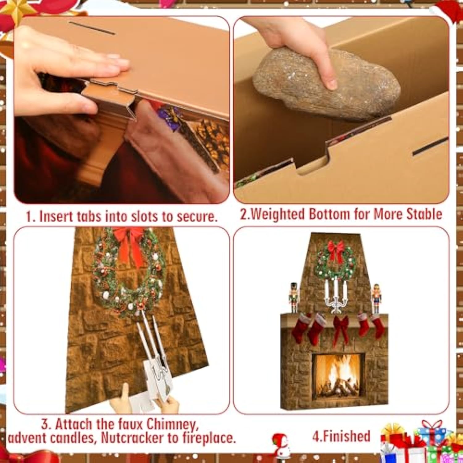 Cardboard Fireplace For Christmas Large Cardboard Fireplace Prop 3D Fake Centerpiece With Faux Chimney For Christmas Party Background Decor, 38 X 30 X 7 Inches(Farmhouse,Brown)