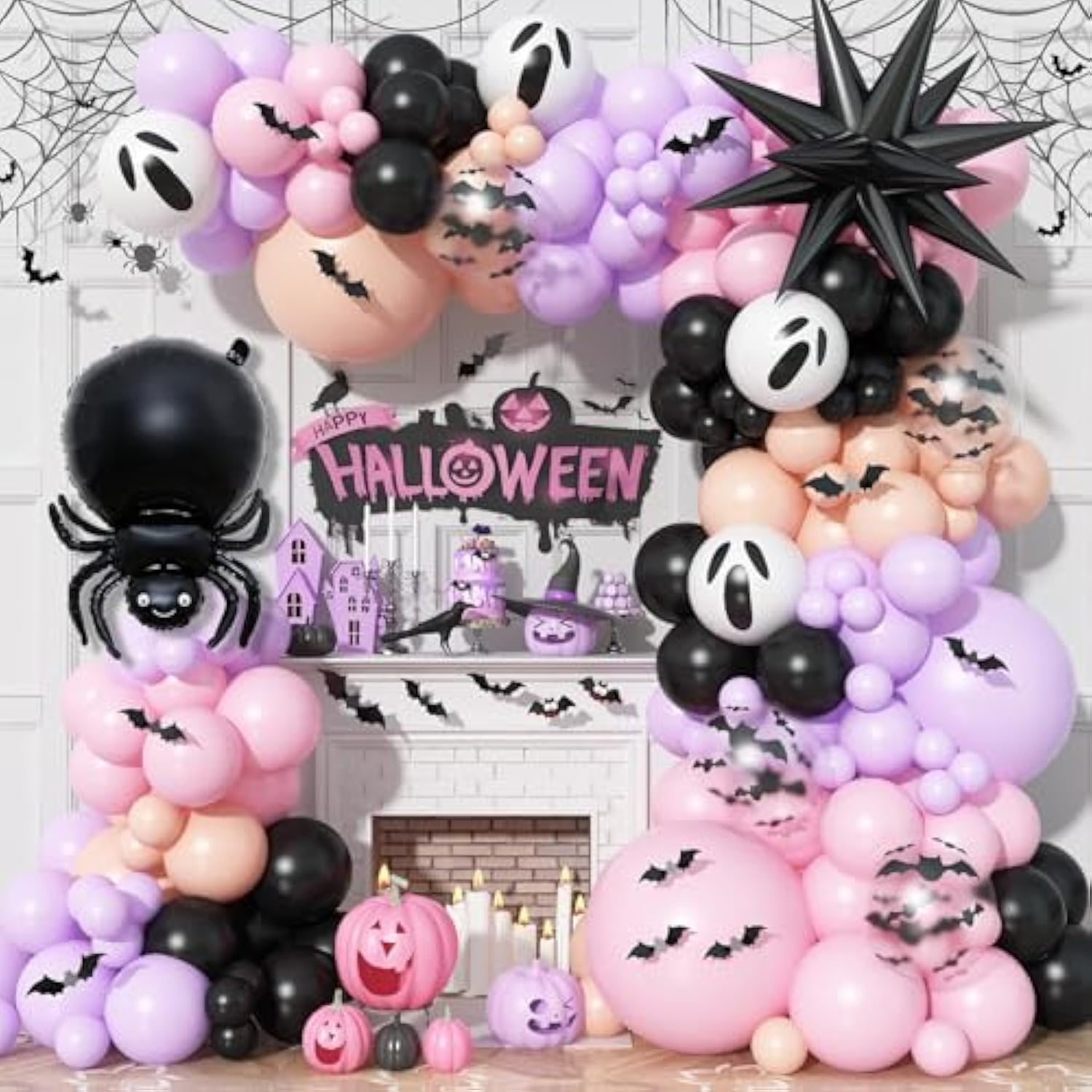 121Pc Halloween Balloon Arch Kit – Black Orange Pink Purple with Bat & Spider