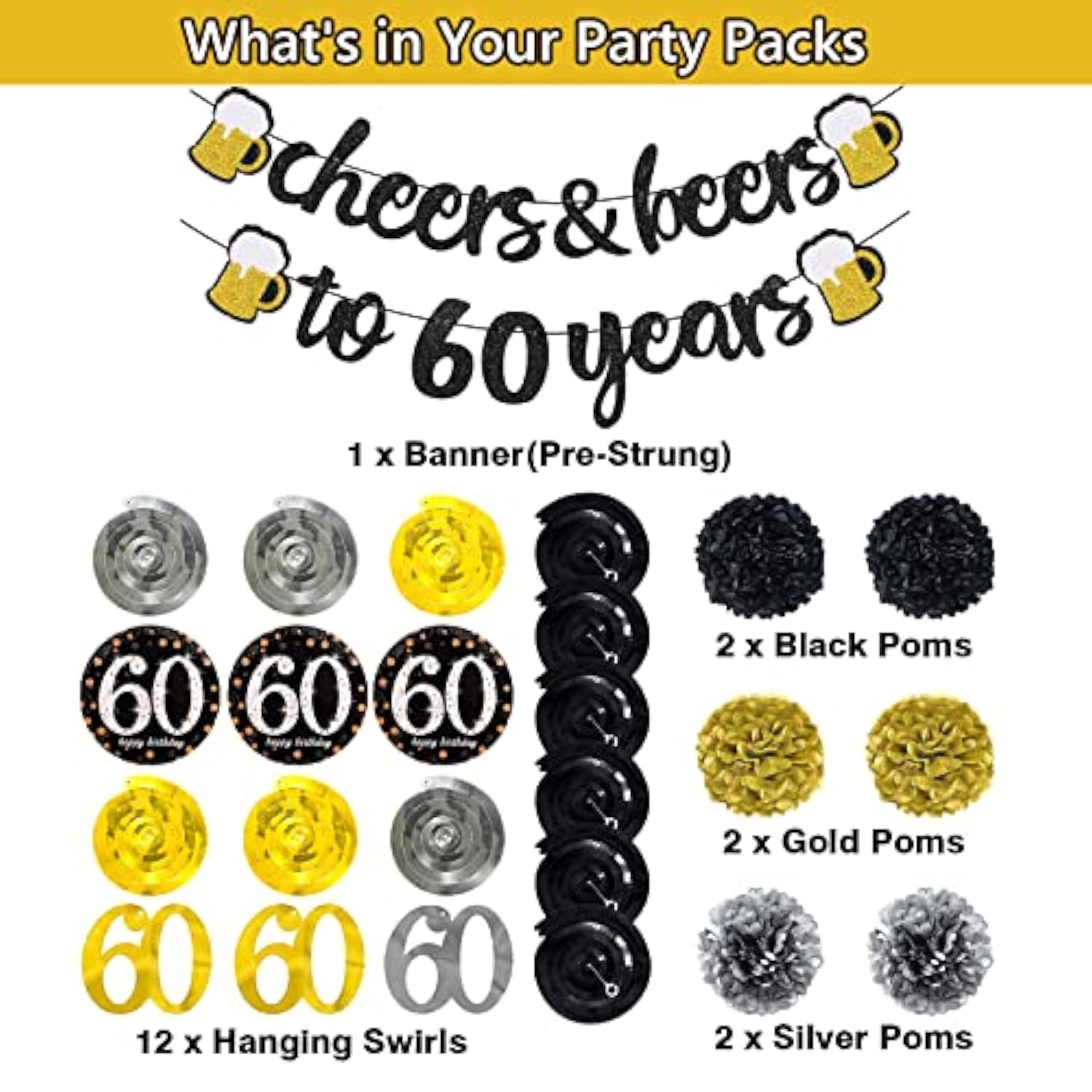 60th Birthday Black and Gold Cheers Banner with Pom Poms and Swirls