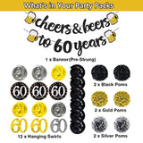 60th Birthday Black and Gold Cheers Banner with Pom Poms and Swirls