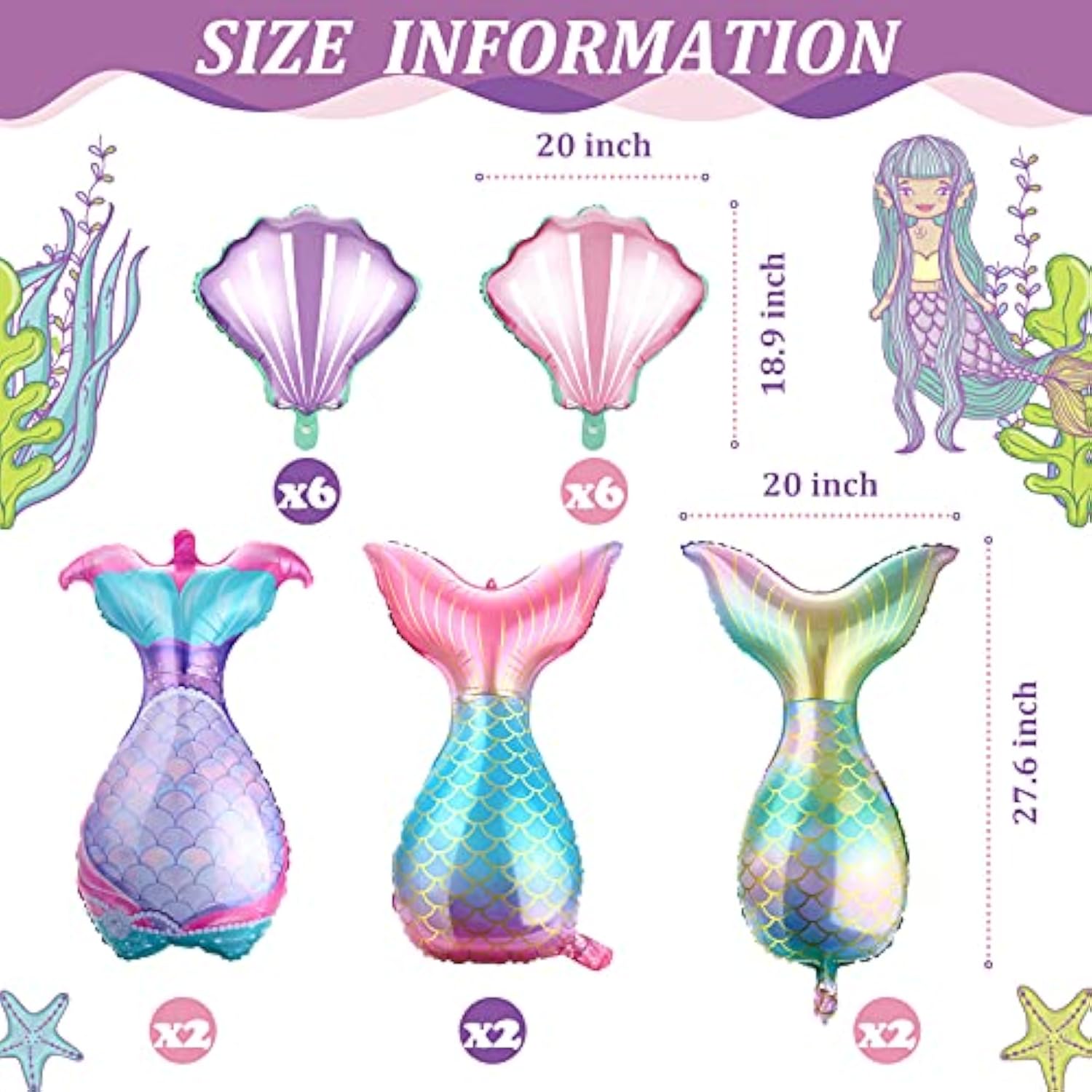 18 Piece Mermaid And Sea Shell Balloons Set, Tail Foil Party Balloons For Mermaid Ocean Theme Under The Sea Baby Shower Birthday Party Decorations