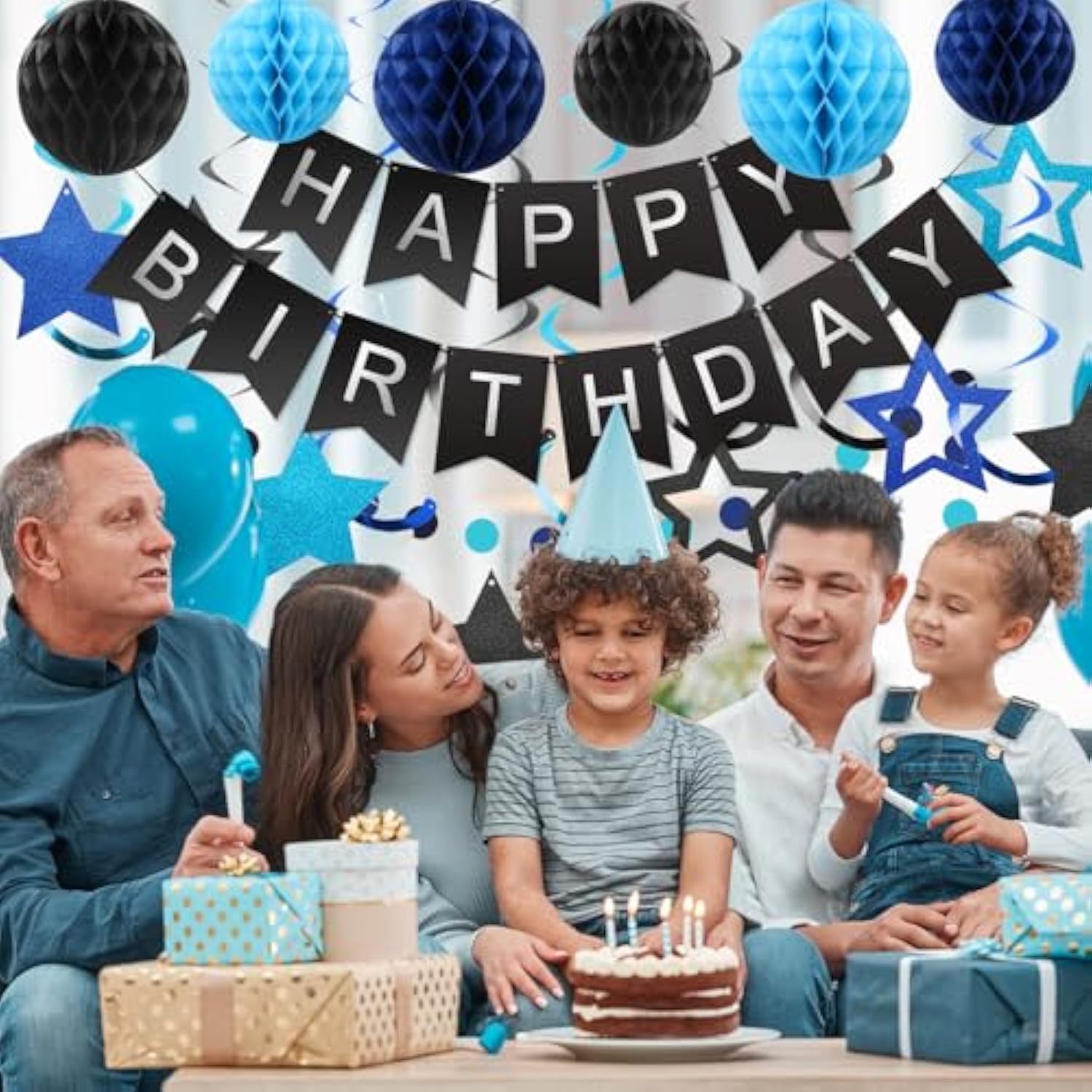 Birthday Decorations, Happy Birthday Banner With Honeycomb Balls, Stars Hanging Swirl Streamers, Circle Dots Garland, Happy Birthday Party Decorations For Women Men Boys Girls (Black&Blue)