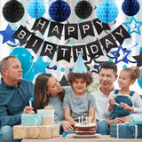 Birthday Decorations, Happy Birthday Banner With Honeycomb Balls, Stars Hanging Swirl Streamers, Circle Dots Garland, Happy Birthday Party Decorations For Women Men Boys Girls (Black&Blue)