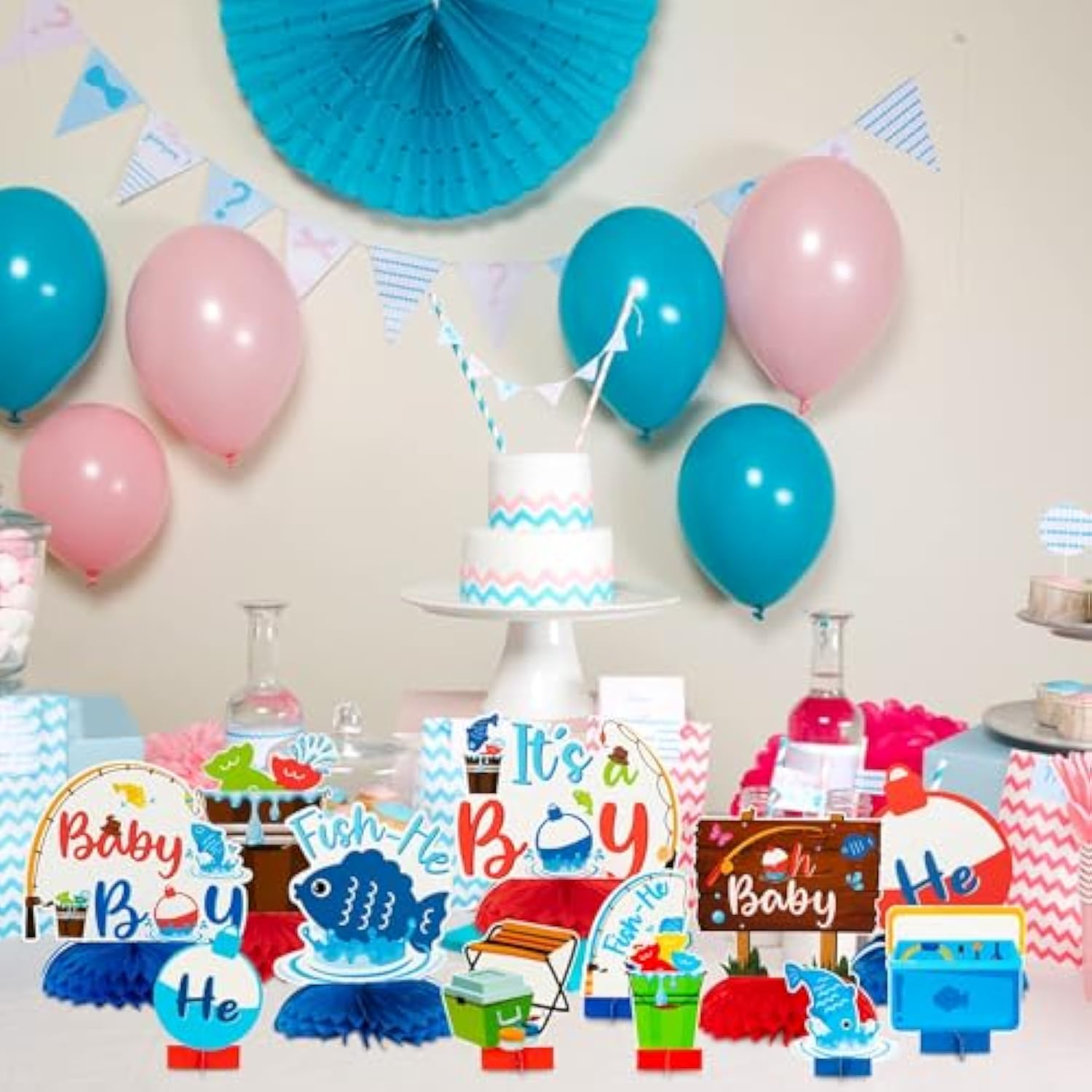12P Blue Baby Shower Party Centerpieces For Boys Gone Fishing Fish Gen