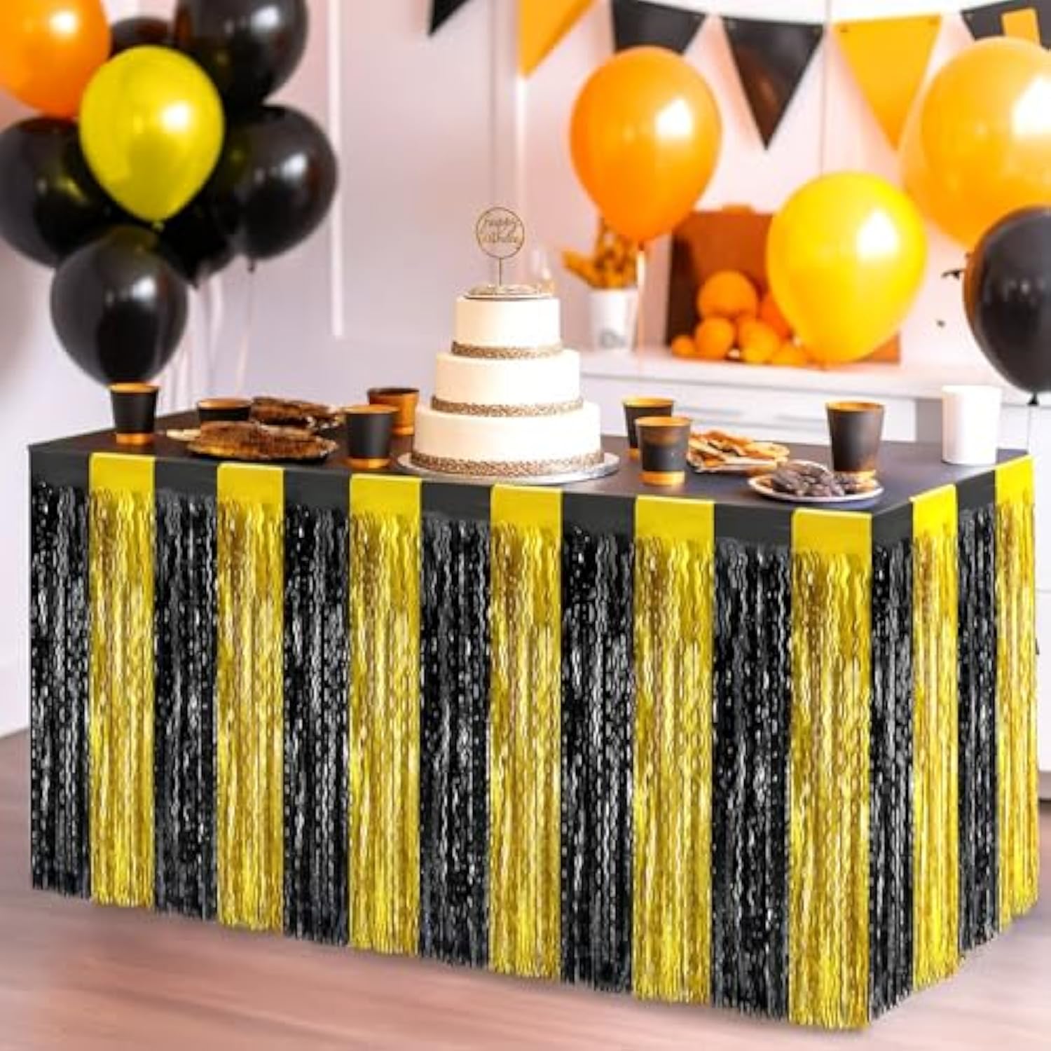 Black and Gold Table Fringe Pack of 2 Tinsel Skirt Streamers for Party Decor