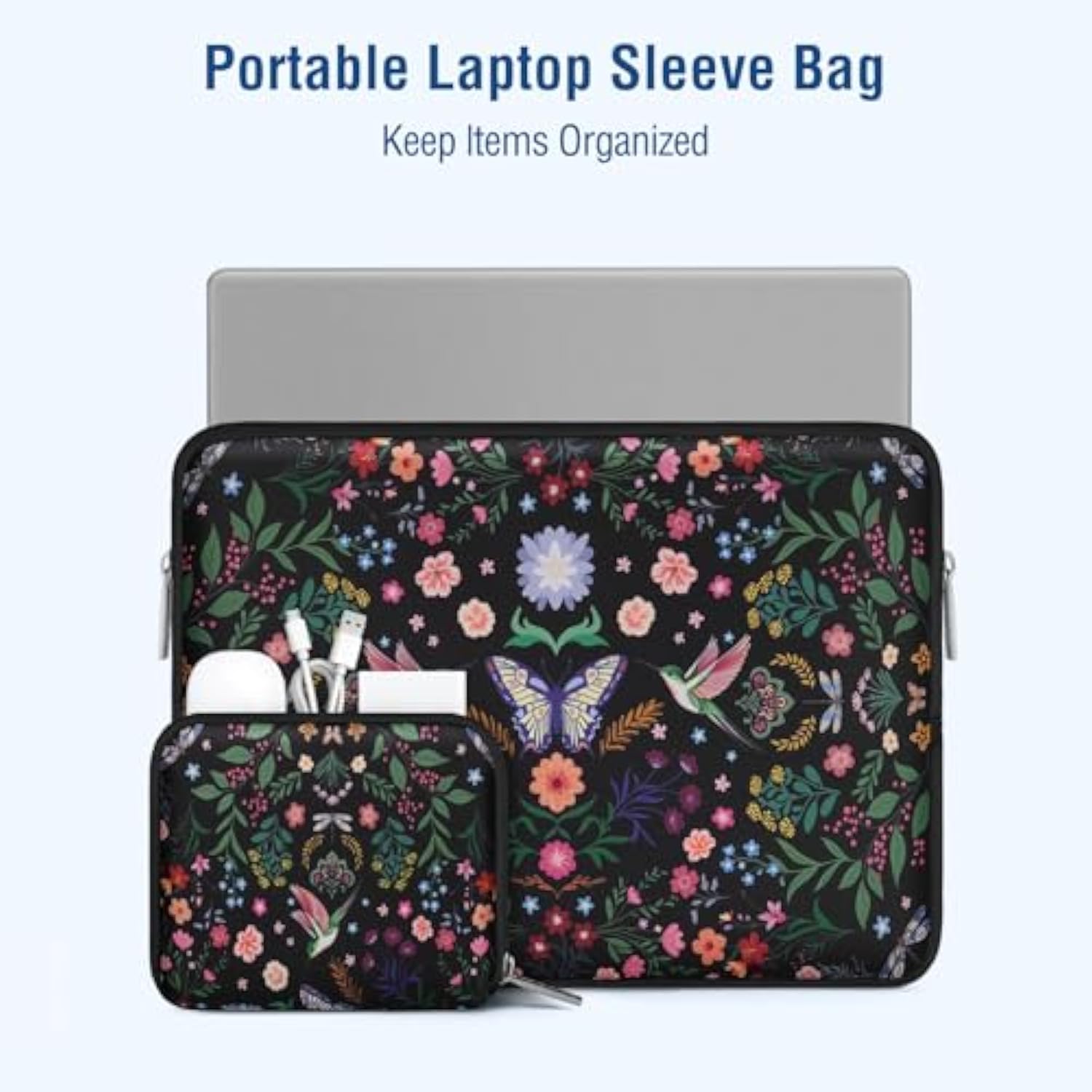 MOSISO Laptop Case 13.3 inch, 13-14 inch Laptop Sleeve Bag Compatible with MacBook Air/Pro 13/Pro 14, HP Dell Acer ASUS Lenovo, Neoprene Hummingbird Plants Flowers Computer Bag with Small Case, Black