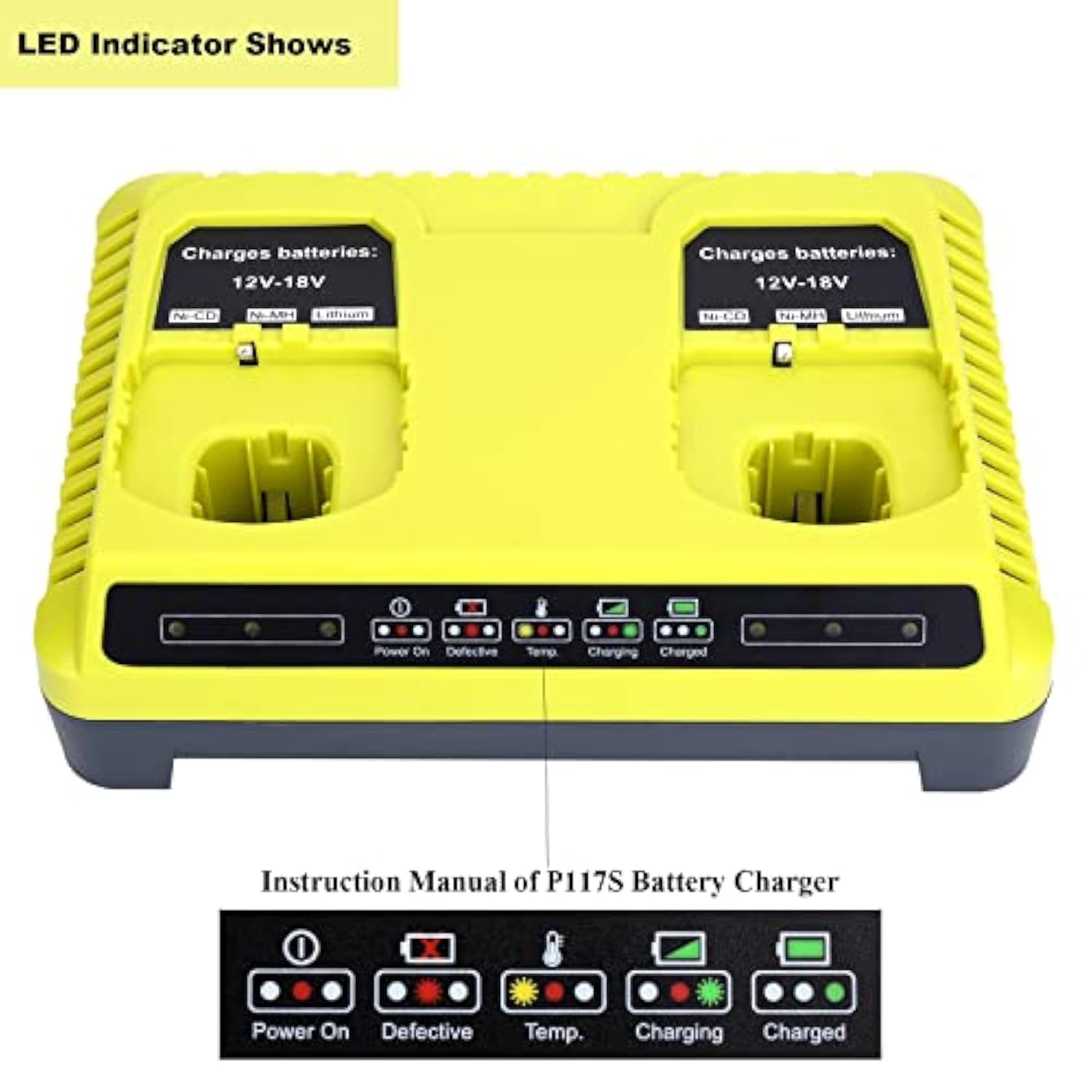 2 Ports P117 Dual Chemistry Intelliport Battery Charger For 12V-18V Max Ryobi One+ Plus Lithium Nicad Nimh Battery P102 P103 P107 P108 P109 P189 P190 Pbp002 Pbp005