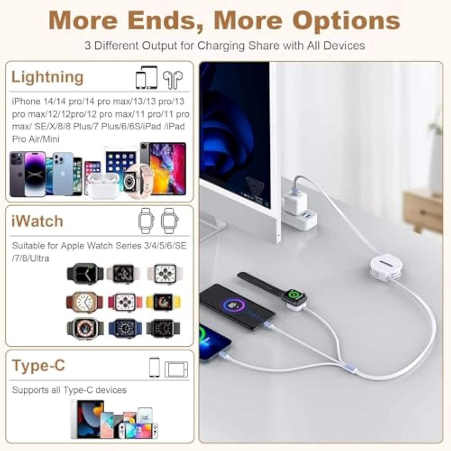 2025 Retractable Iwatch Charging, 3 In 1 Retractable Multi Apple Watch Charging, Usb Charging Cable 3 Chargers Simultaneous 3A Rapid For Apple Watch Series, Iphone & Pad Series Galaxy (Black)