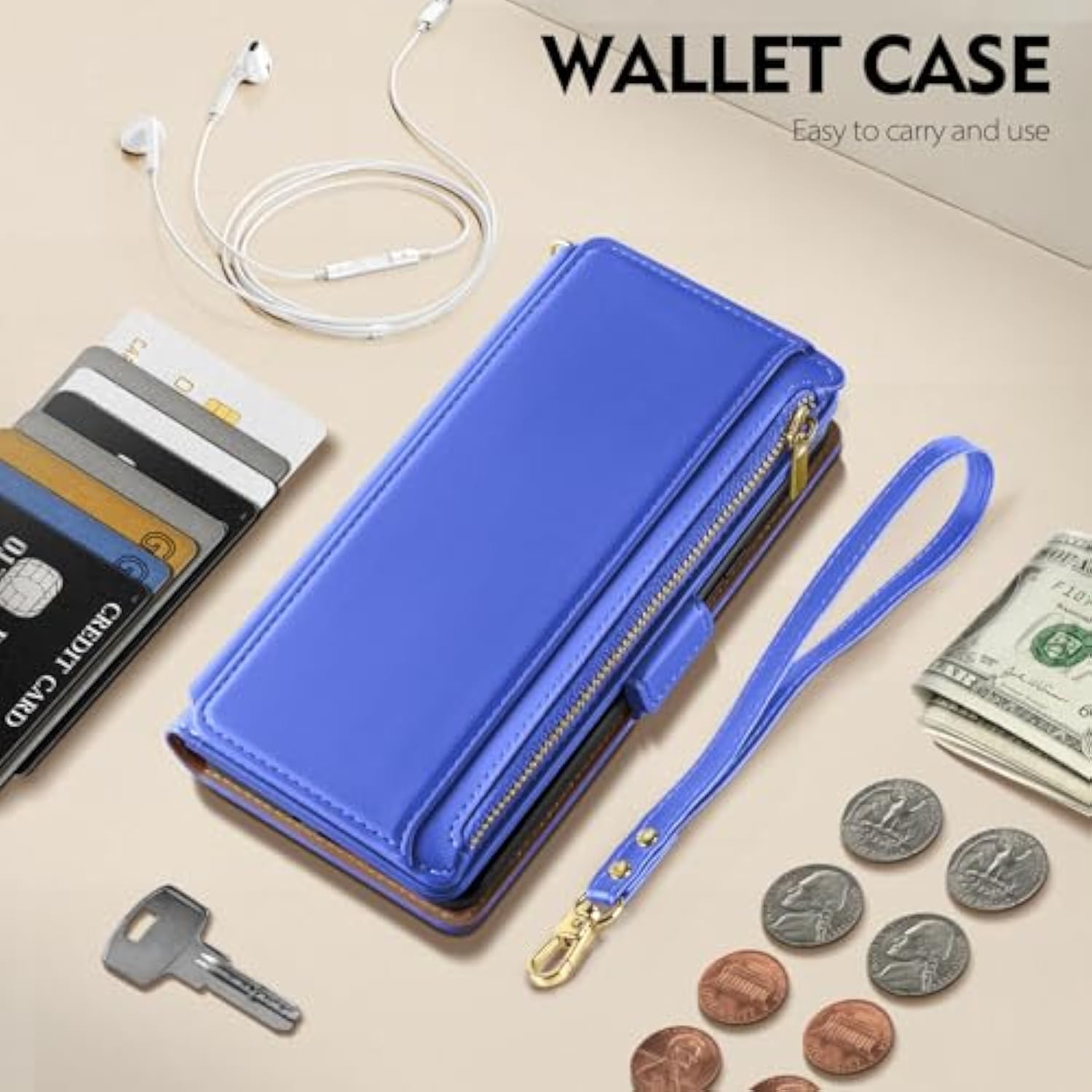 Compatible With Iphone 16 Plus Wallet Case,Rfid Blocking Pu Leather Phone Case Women Men Kickstand Flip Cover Wrist Strap Zipper Credit Card Holder Slots For Apple 16 Plus 6.7",Ultramarine