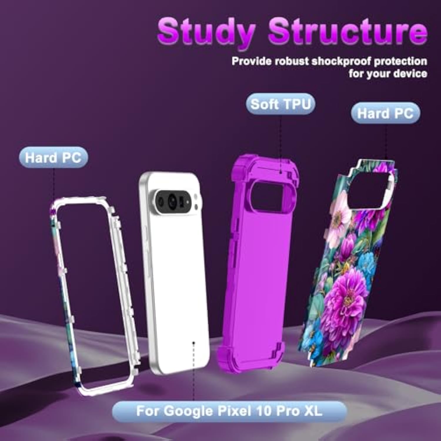 For Google Pixel 10 Pro Xl Case 2025, Glow In The Dark Three Layer [Military-Grade Protection] Heavy Duty Shockproof Protective Hard Pc&Tpu Bumper Case For Women Men, Purple Flower