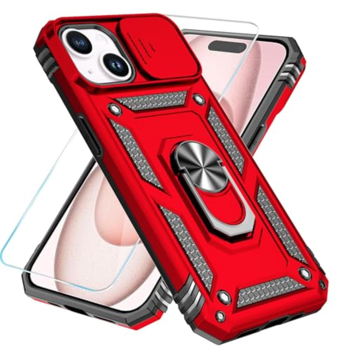 iPhone 15 Case with HD Screen Protector & Slide Camera Cover & Rotated Ring Kickstand, Military-Grade Phone Case for iPhone 15, Red