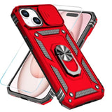 iPhone 15 Case with HD Screen Protector & Slide Camera Cover & Rotated Ring Kickstand, Military-Grade Phone Case for iPhone 15, Red