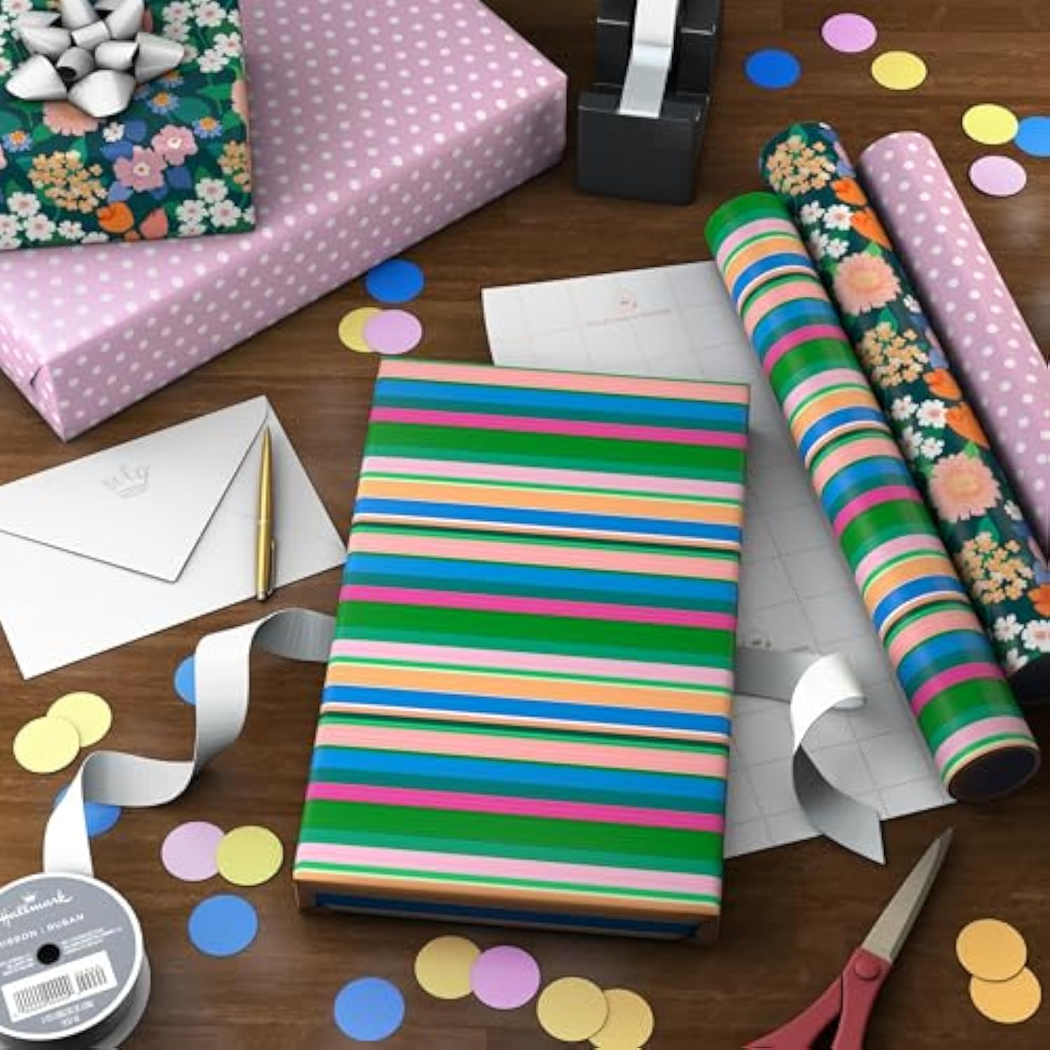 Hallmark Wrapping Paper Mini Rolls, 3-Pack (Stripes, Wildflowers, Pink Polka Dots) for Birthdays, Mother's Day, Bridal Showers, Any Occasion - 45 Sq. Ft. Total