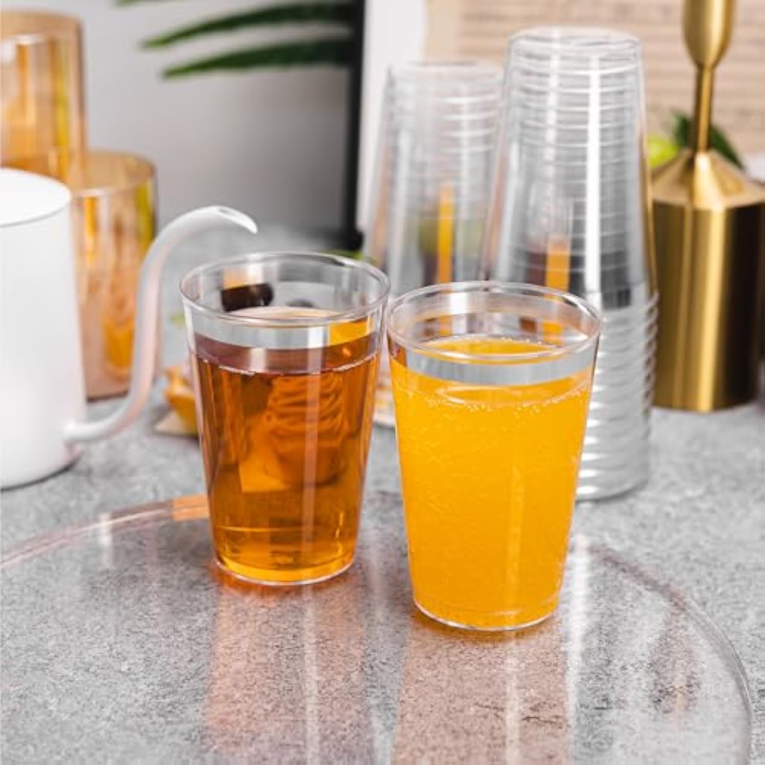 200 Pack Silver Plastic Cups, 12 Oz Clear Disposable Cups With Silver Rim, Heavy Duty Cocktail Cups For Party, Wedding And Daily Use